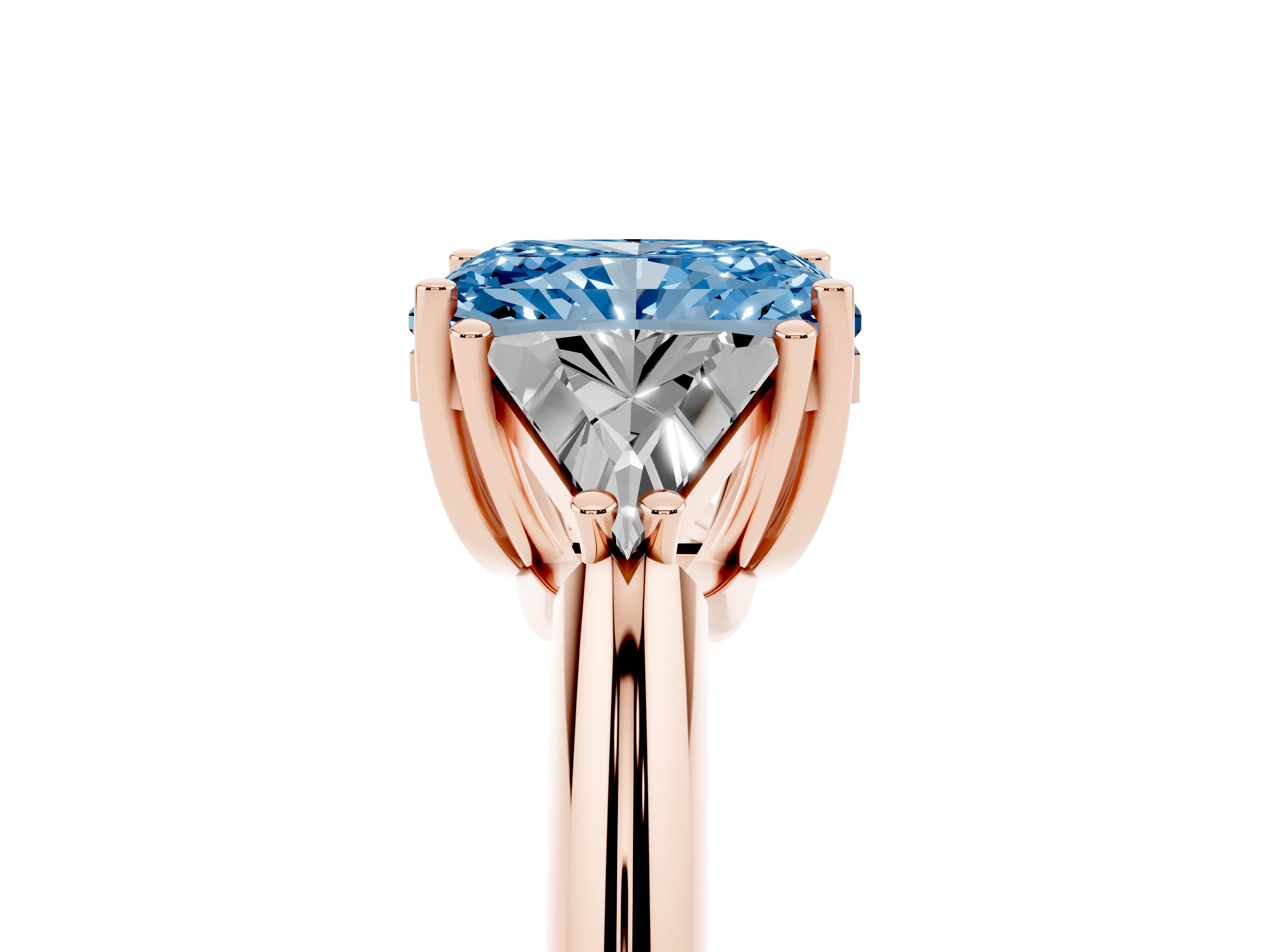Fancy Blue Radiant Cut Diamond Three-Stone Engagement Ring Set in Rose gold with Trillion Side Stones