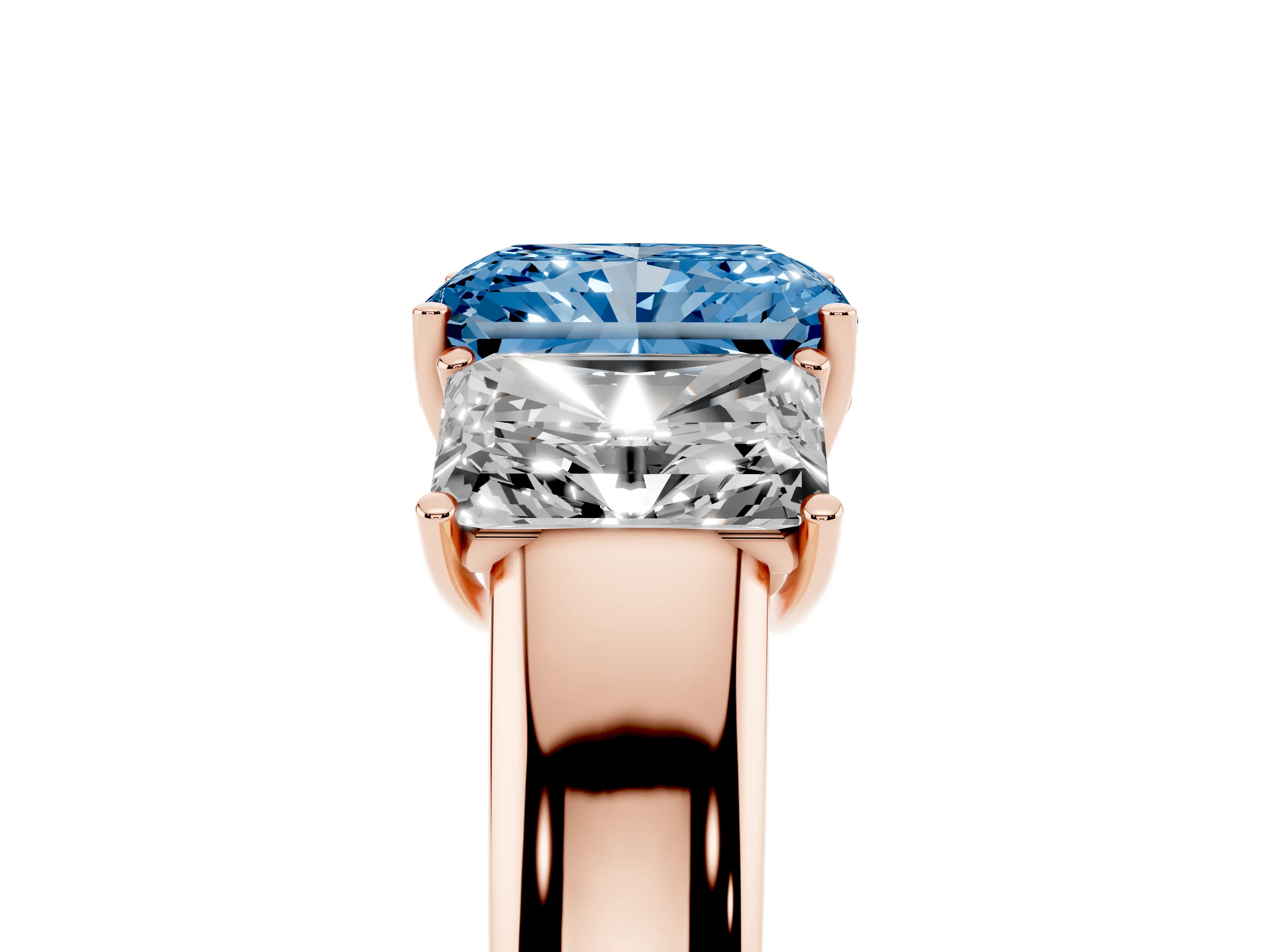 Fancy Blue Three-Stone Radiant Cut Diamond Ring Set in Rose gold with Matching Prong Settings and Plain Band