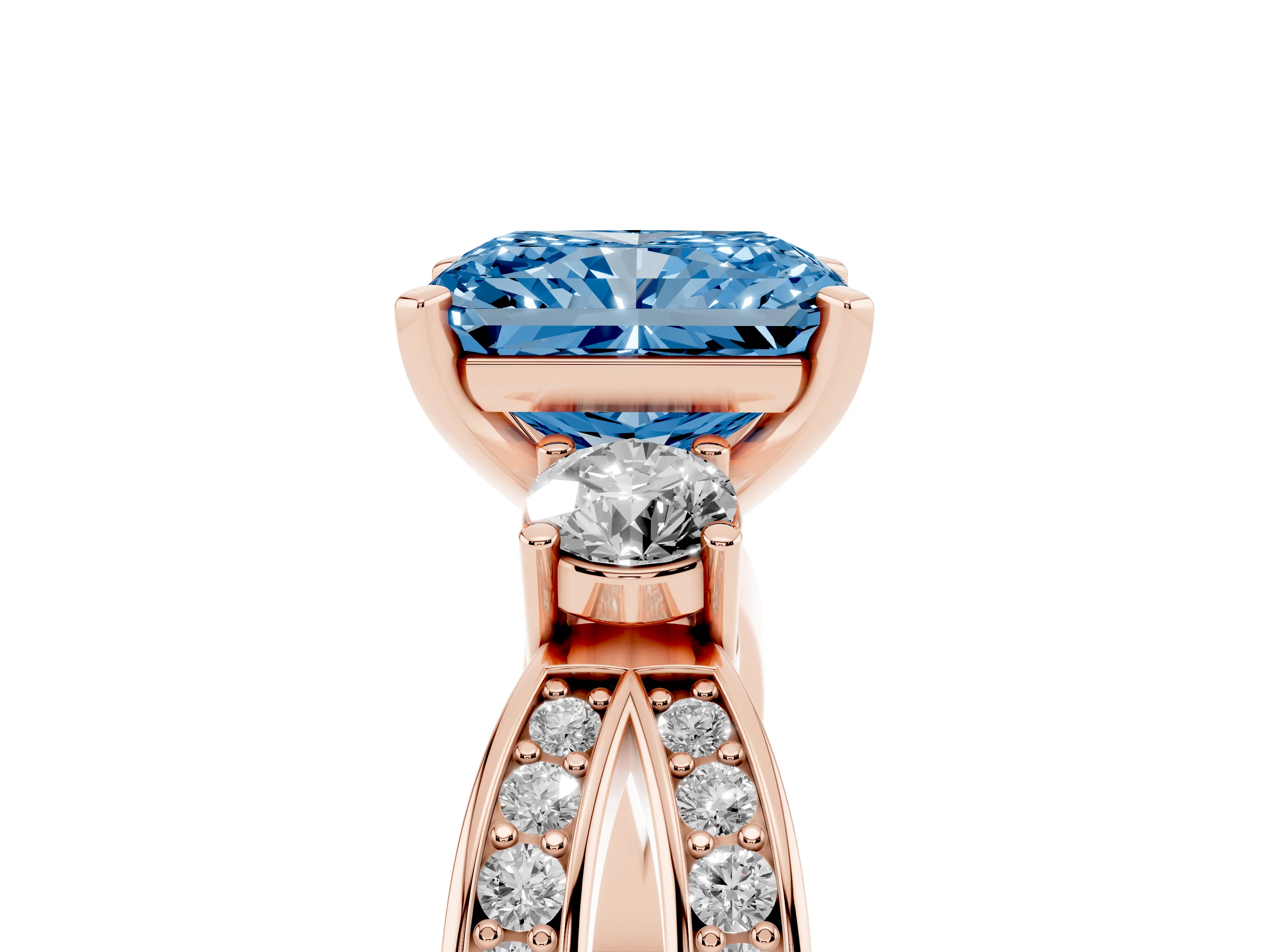 Fancy Blue Three-Stone Radiant Cut Diamond Twist Band Ring Set in Rose gold with Pavé Accents and Prong Setting