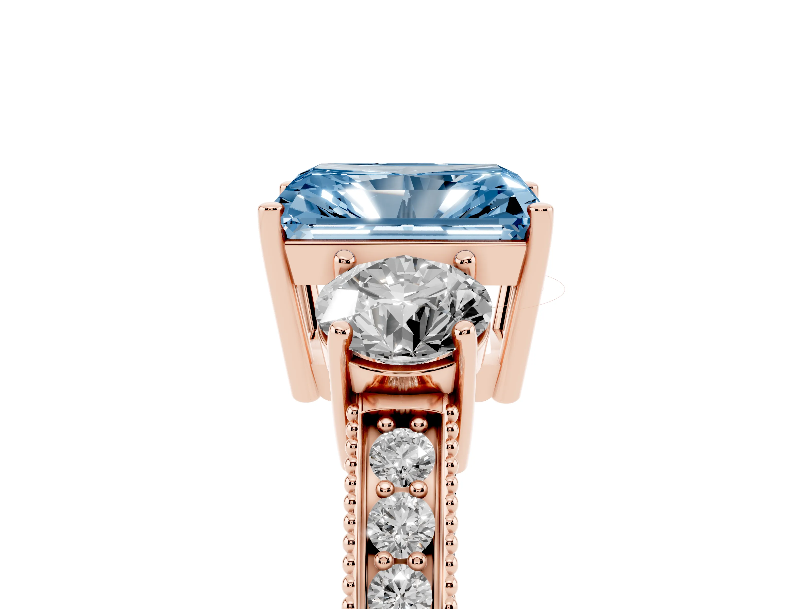 Fancy Blue Radiant Cut Diamond Three-Stone Ring Set in Rose gold with Round Side Stones and Pavé Band