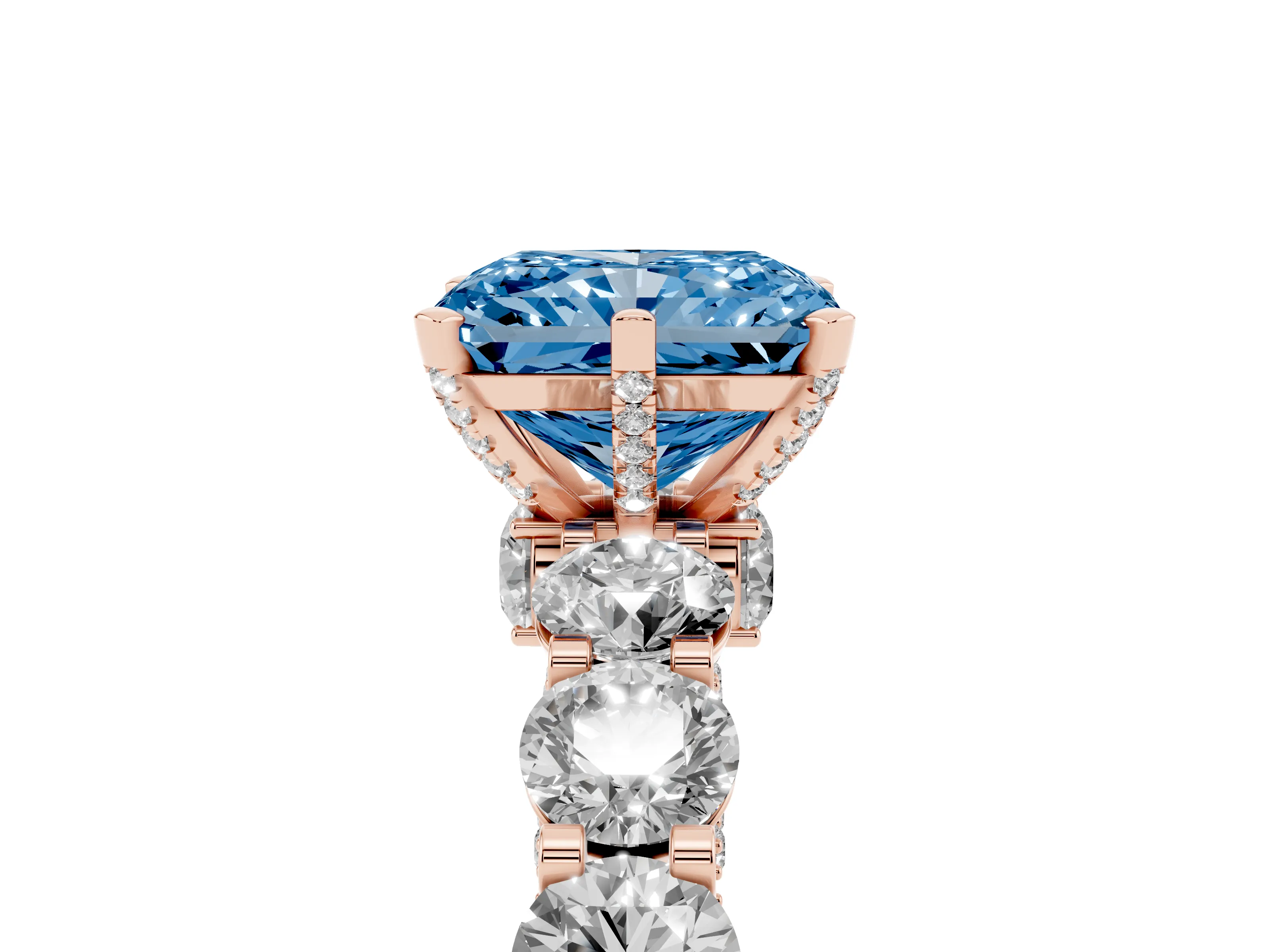 Fancy Blue Radiant Cut Diamond Side Stone Ring Set in Rose gold with Alternating Round and Oval Side Stones