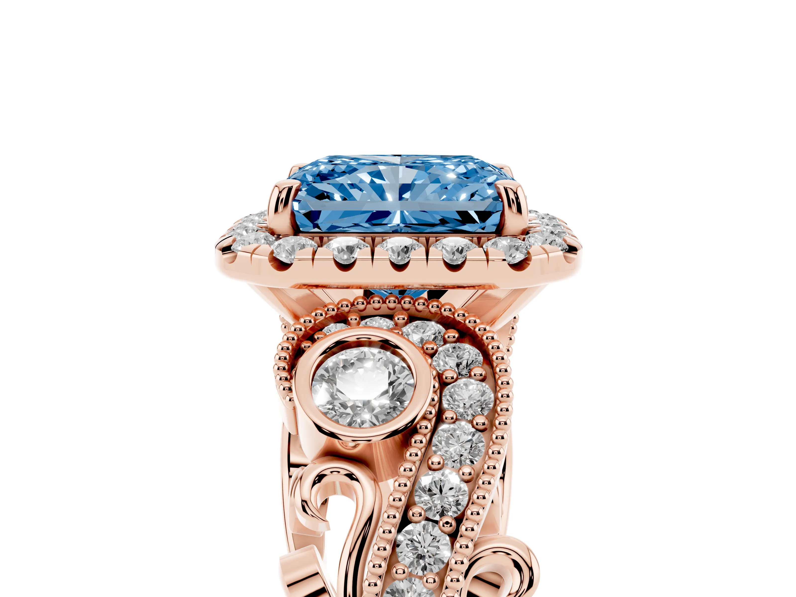 Fancy Blue Radiant Cut Diamond Halo Ring Set in Rose gold with Milgrain Pavé Band and Prong Setting