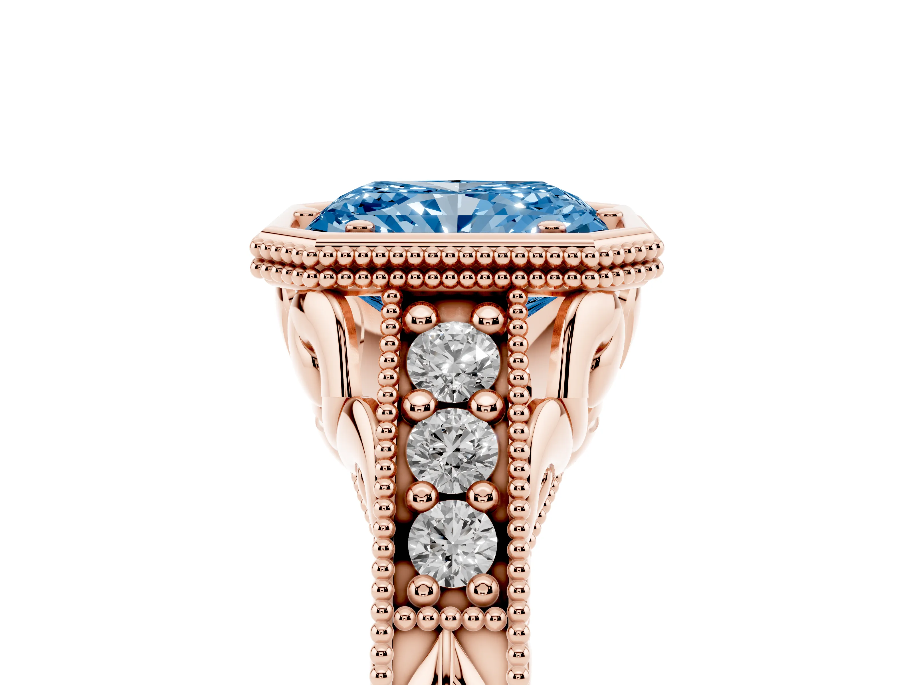 Fancy Blue Bezel Set Radiant Cut Diamond Milgrain Pavé Engagement Ring Set in Rose gold
