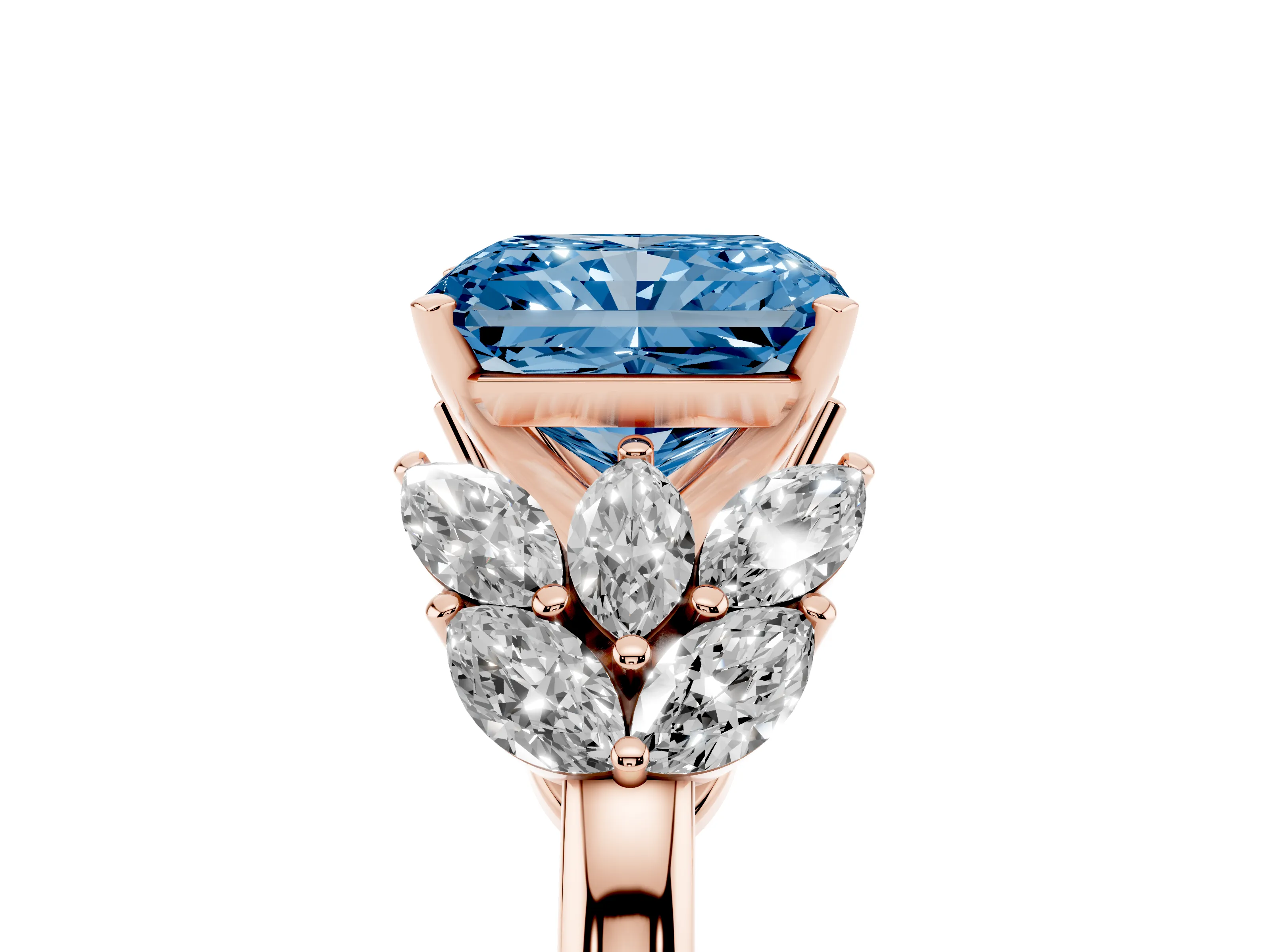 Fancy Blue Radiant Cut Diamond Cluster Leaf Design Ring Set in Rose gold with Prong Setting