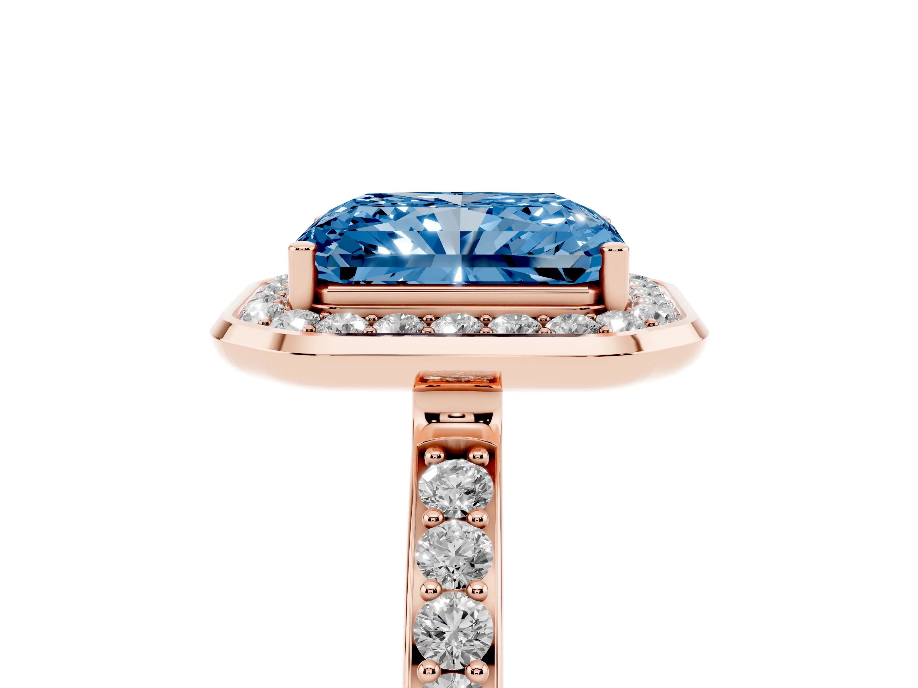 Fancy Blue Radiant Cut Diamond Halo Ring Set in Rose gold with Bezel Frame and Pavé Band