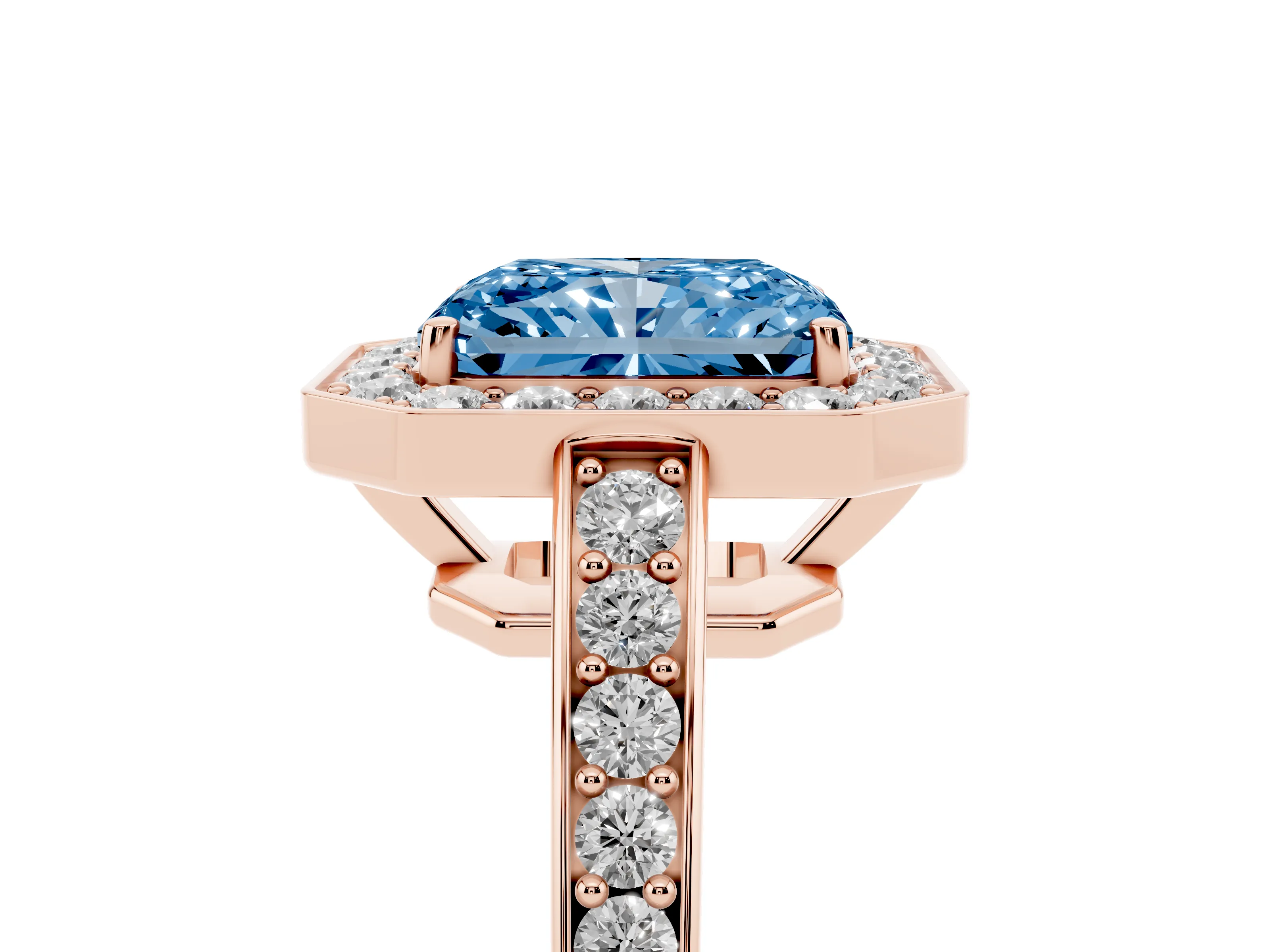 Fancy Blue Radiant Cut Diamond Halo Pavé Engagement Ring Set in Rose gold with Bezel Setting