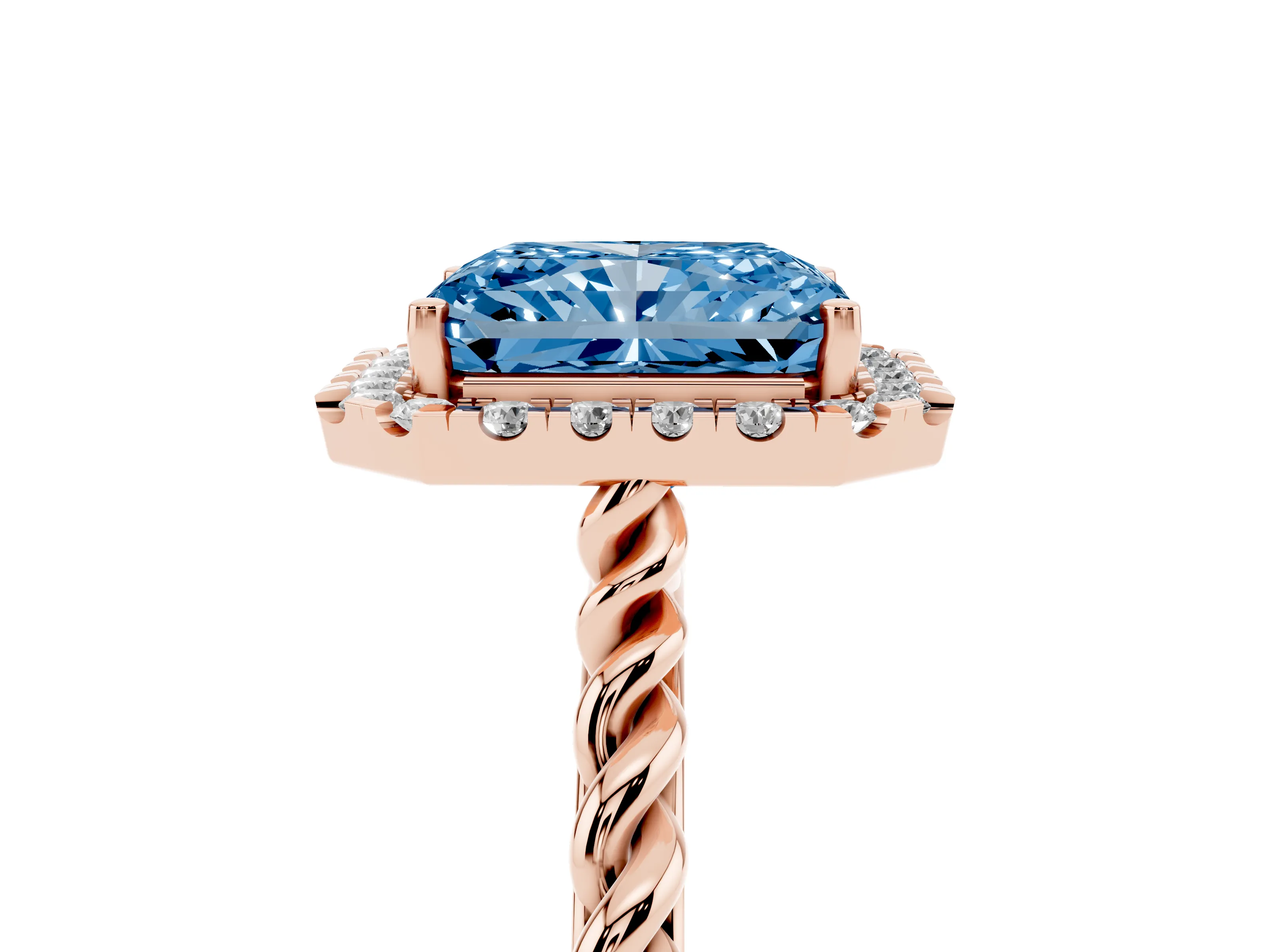 Fancy Blue Radiant Cut Diamond Halo Ring Set in Rose gold with Plain Twisted Band