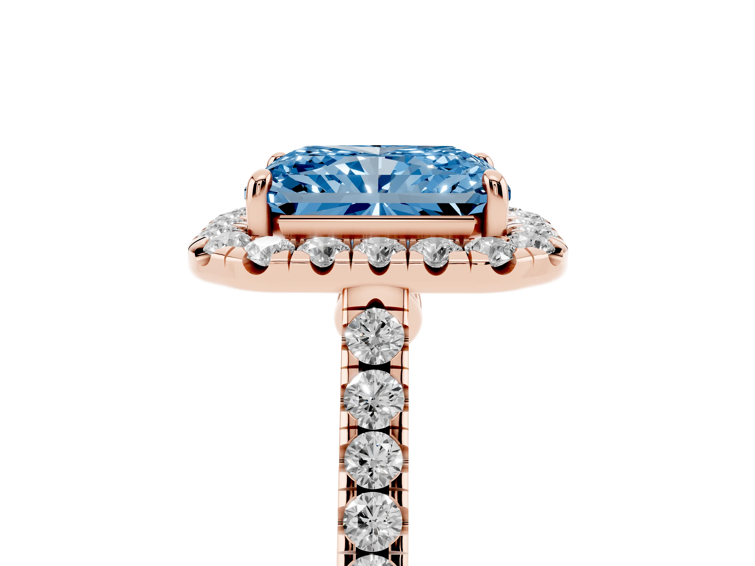 Fancy Blue Radiant Cut Diamond Halo Pavé Engagement Ring Set in Rose gold with Prong Setting