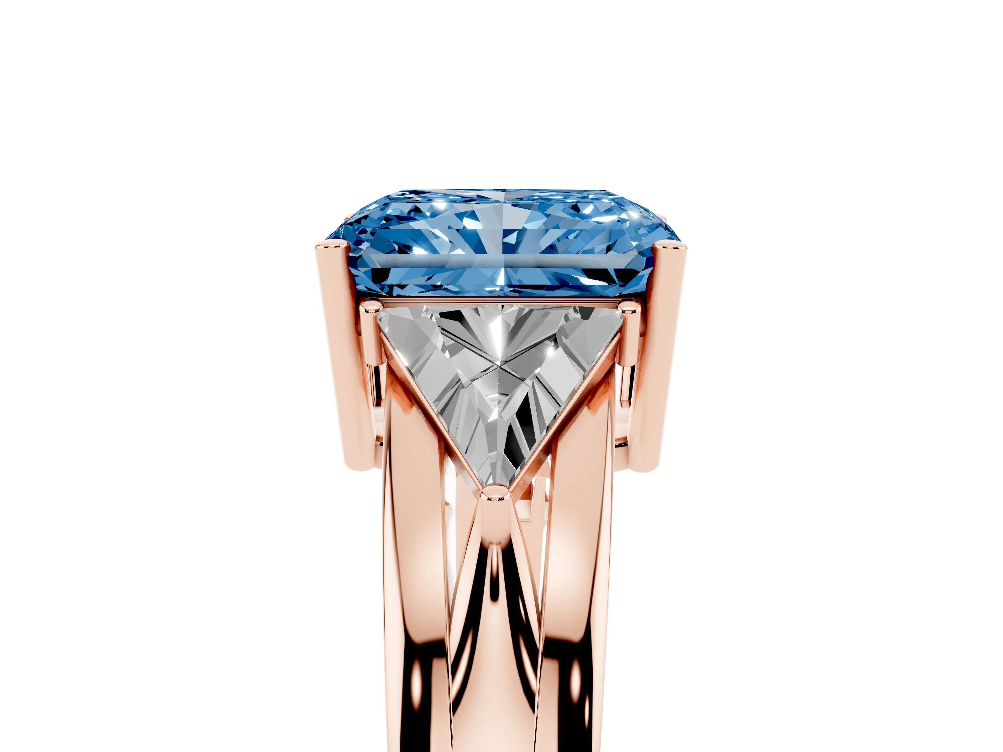 Fancy Blue Radiant Cut Diamond Three-Stone Ring Set in Rose gold with Trillion Side Stones and Split Shank
