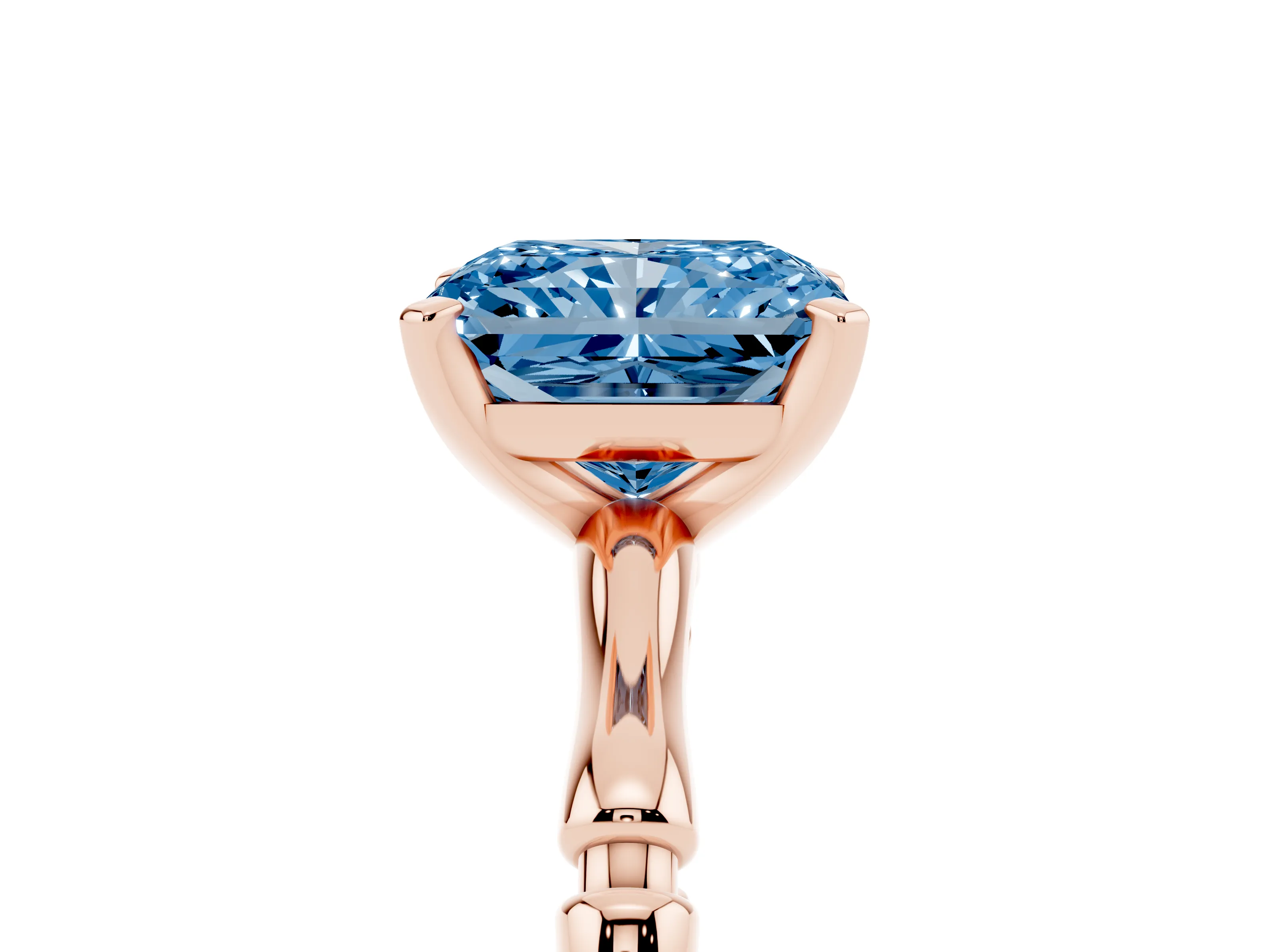 Fancy Blue Radiant Cut Diamond Solitaire Ring Set in Rose gold with Bamboo Band and Prong Setting