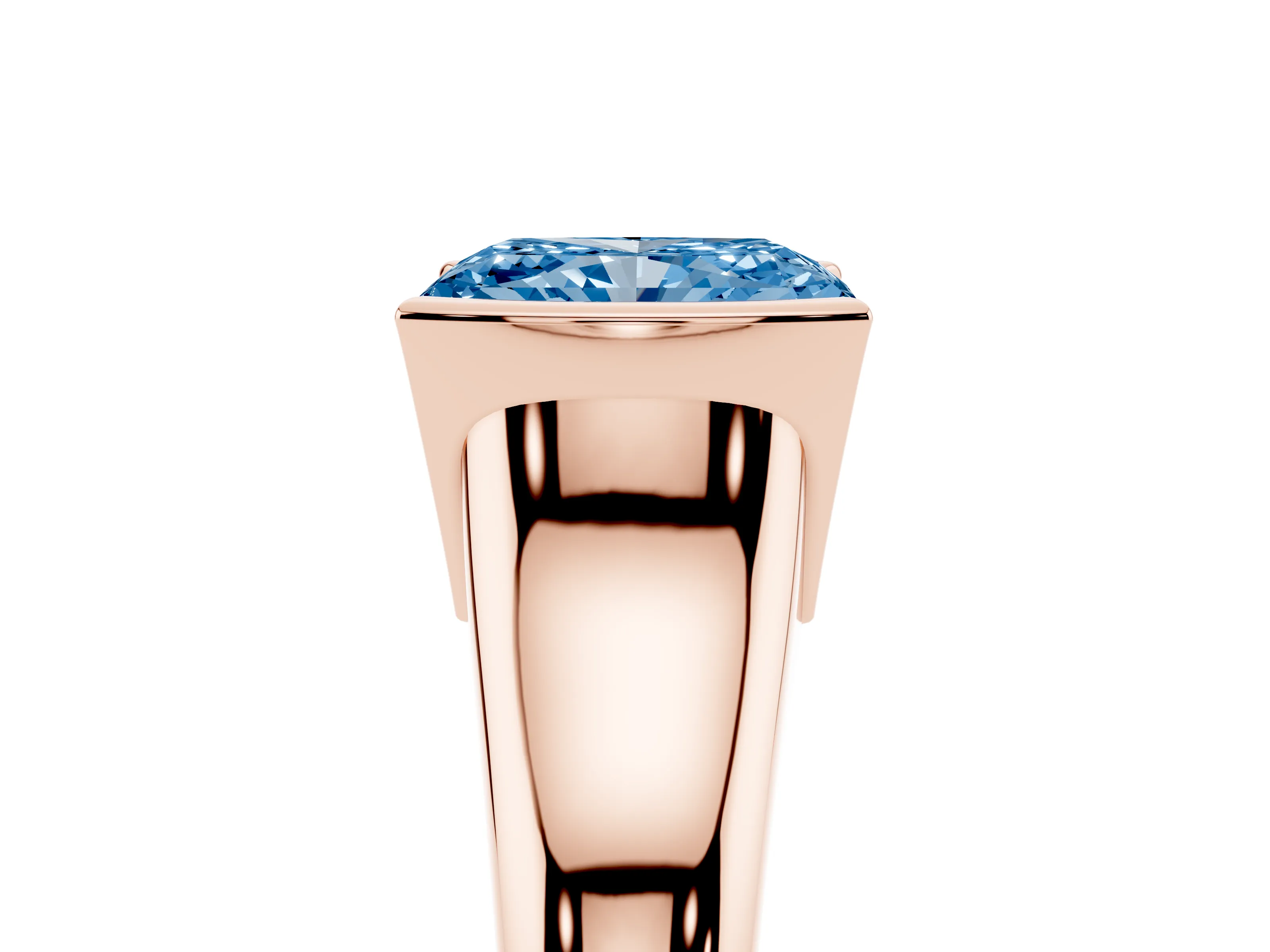 Fancy Blue Radiant Cut Diamond Solitaire Tension Set Ring Set in Rose gold with Split Shank Band