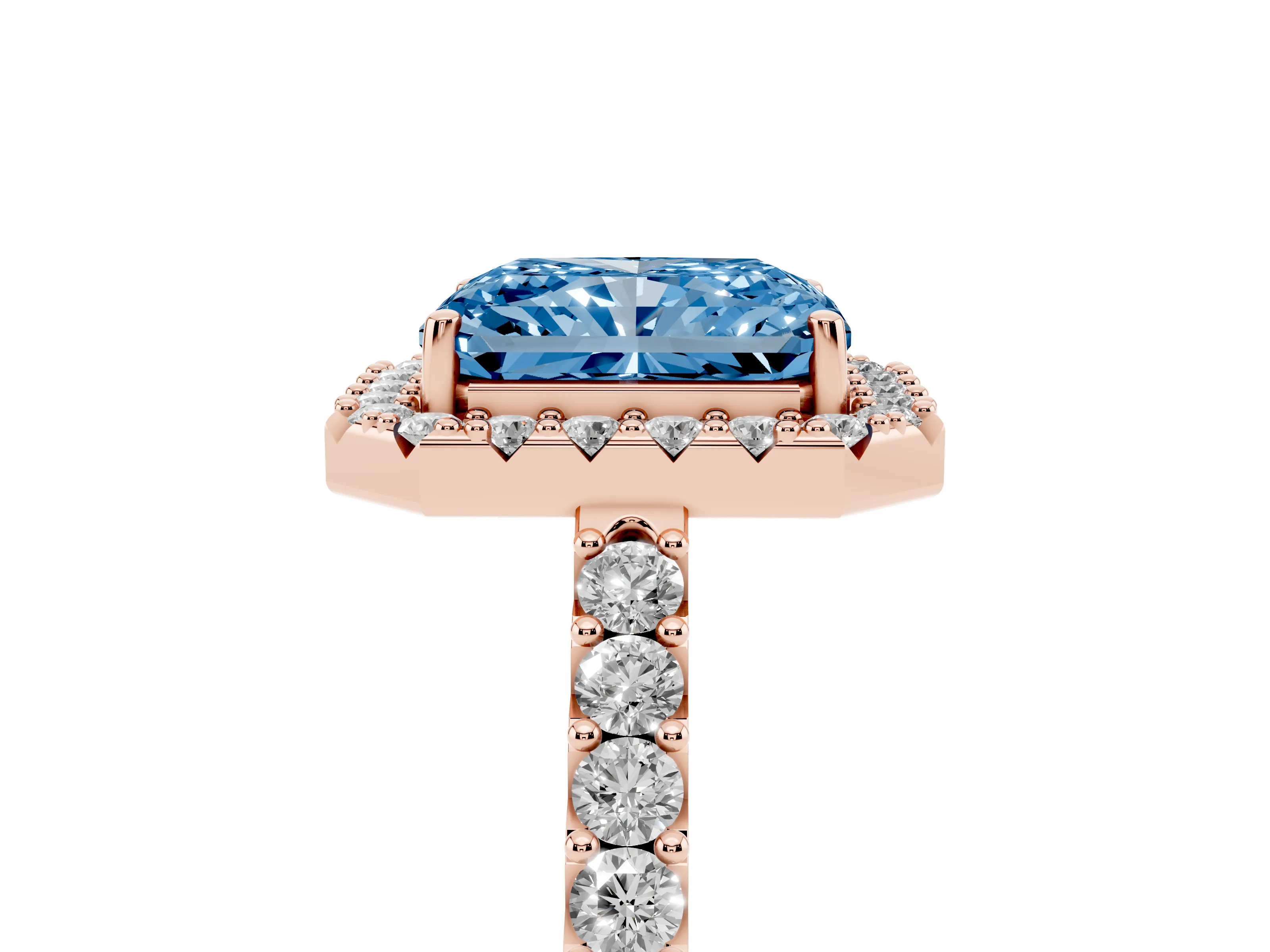 Fancy Blue Radiant Cut Diamond Halo Pavé Solitaire Ring Set in Rose gold with Prong-Set Center Stone