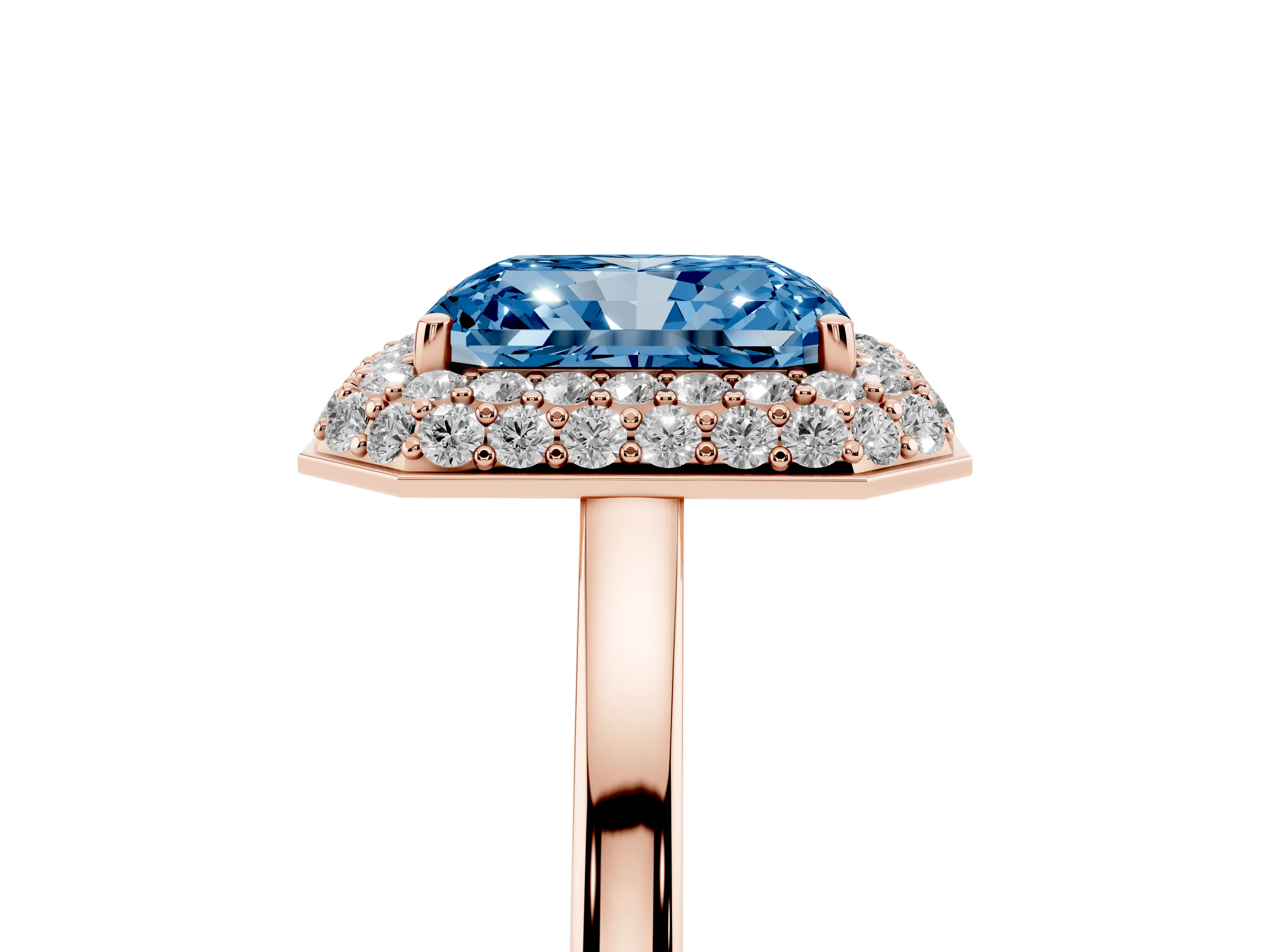 Fancy Blue Radiant Cut Diamond Halo Engagement Ring Set in Rose gold with Solitaire Band and Prong Setting