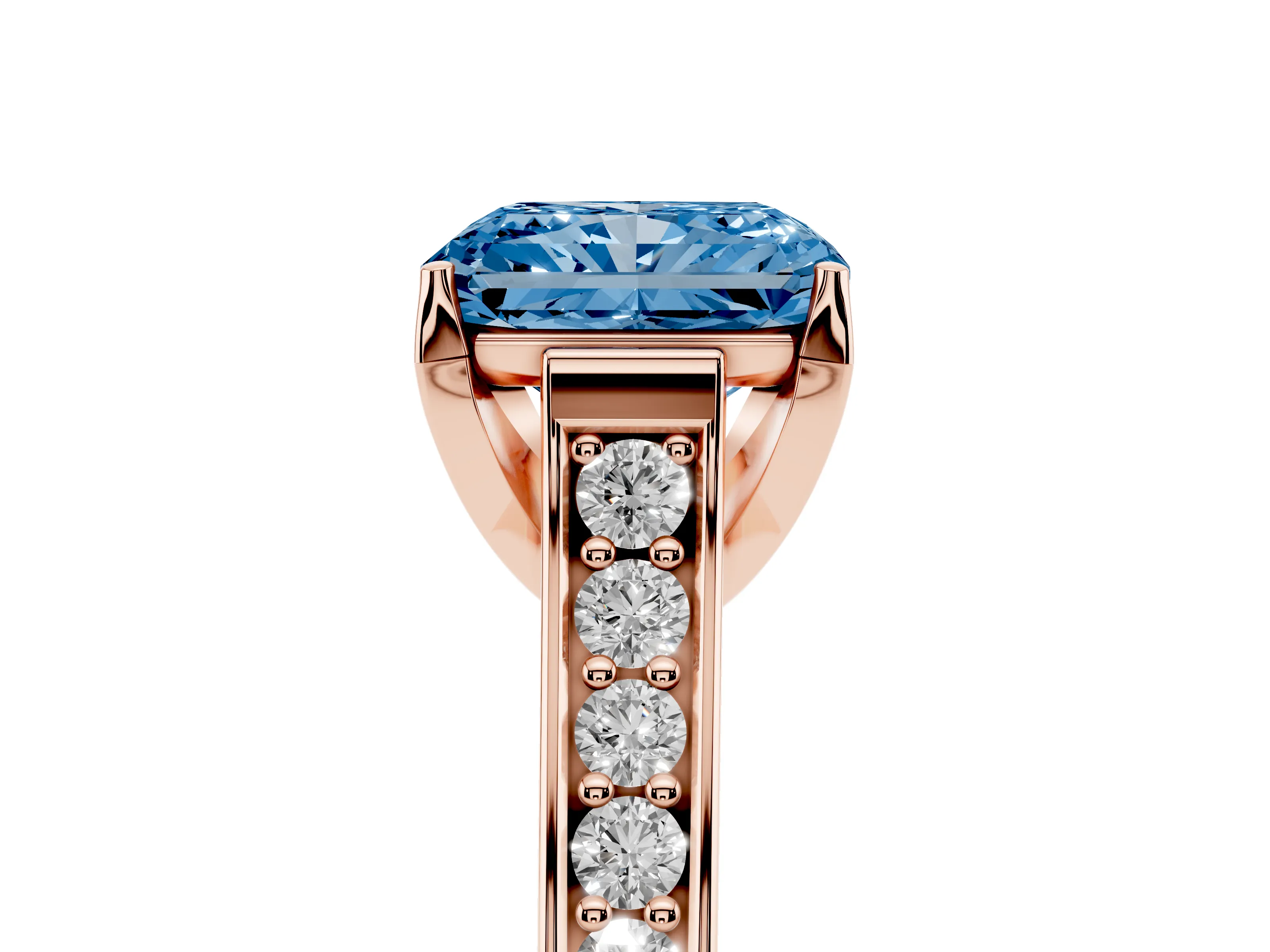 Fancy Blue Radiant Cut Diamond Solitaire Pavé Engagement Ring Set in Rose gold with Prong Setting