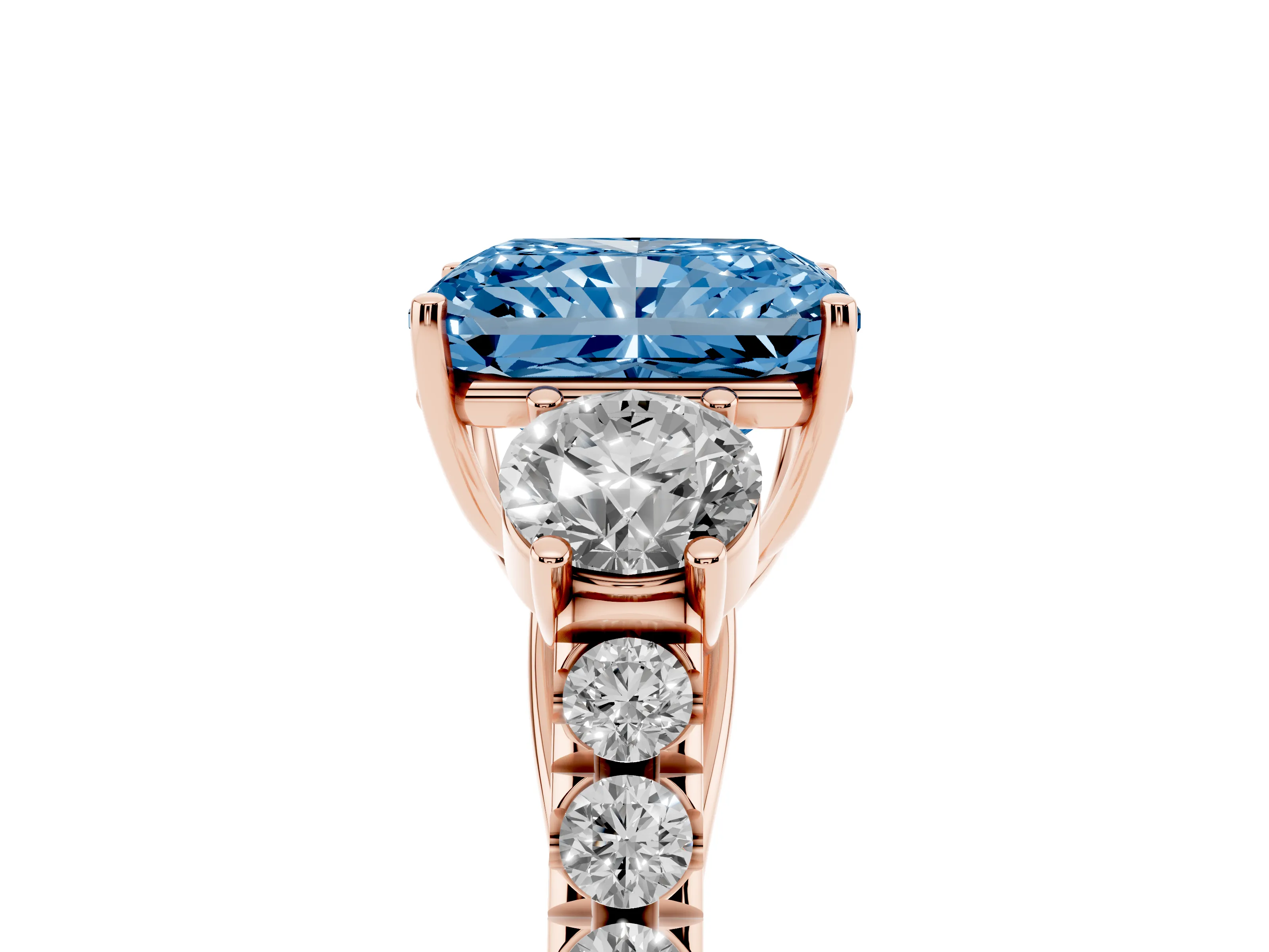 Fancy Blue Radiant Cut Diamond Three-Stone Ring Set in Rose gold with Round Side Stones and Delicate Pavé Band