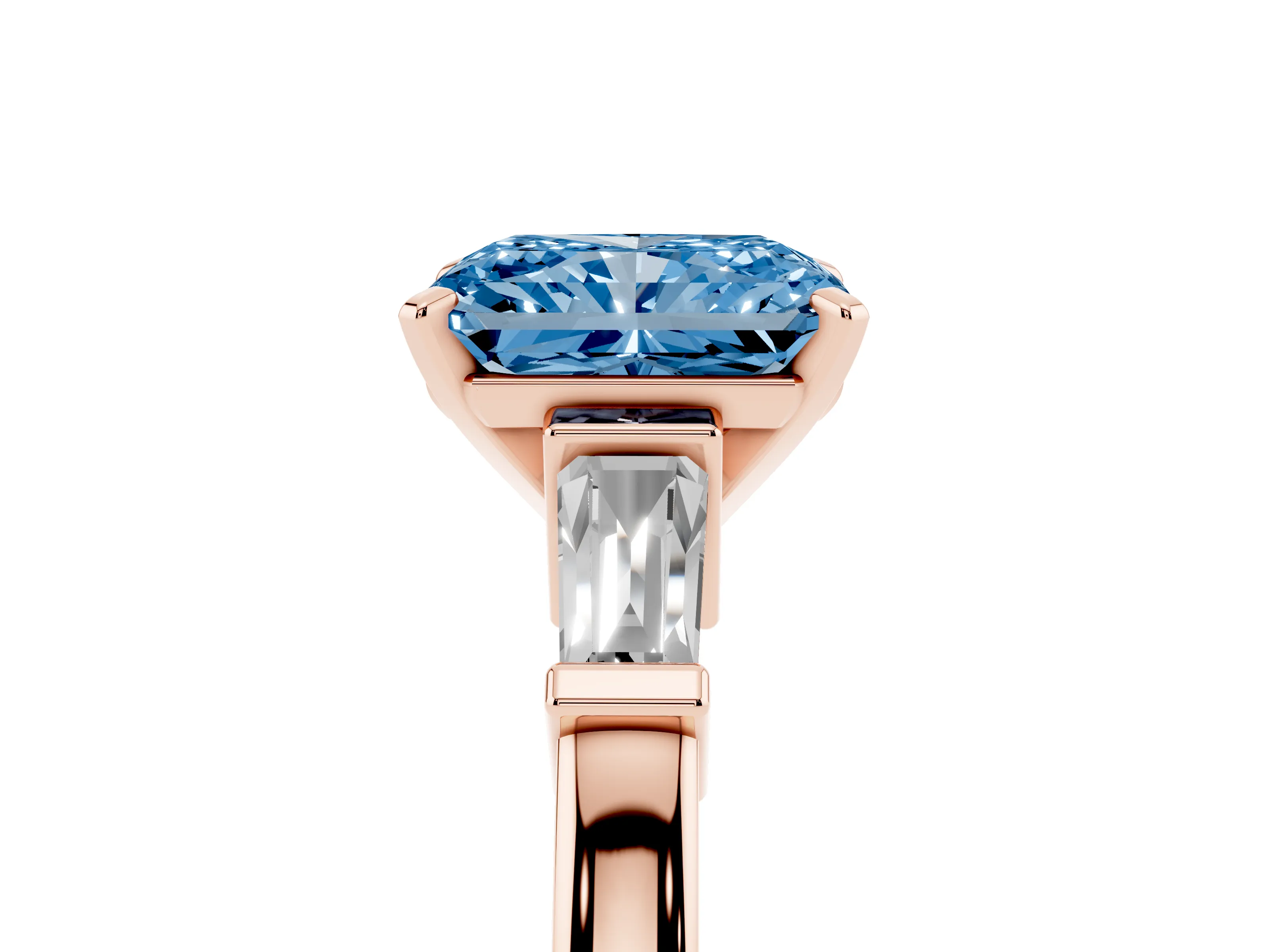 Fancy Blue Radiant Cut Diamond Solitaire Ring Set in Rose gold with Tapered Baguette Accents and Prong Setting