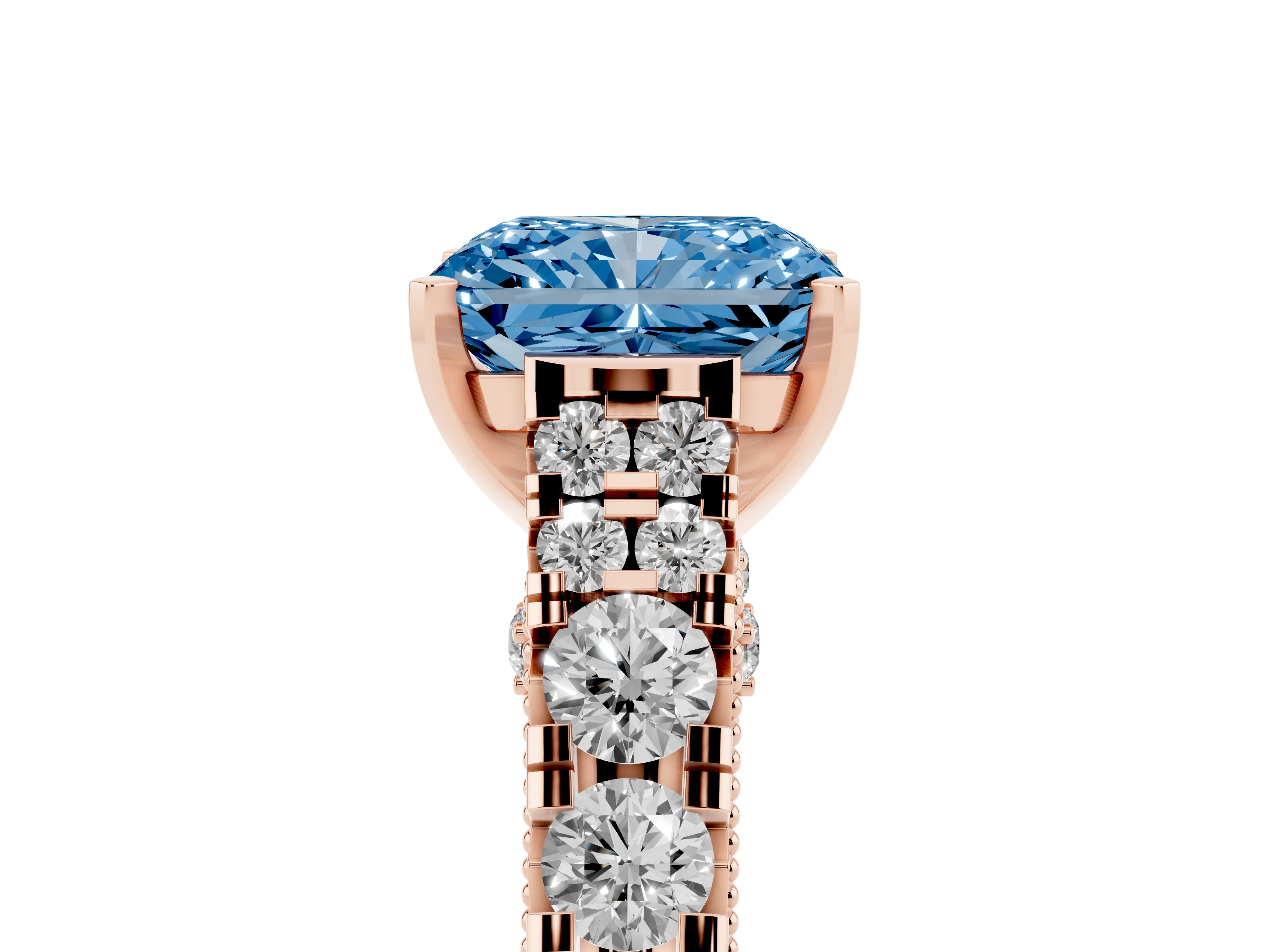 Fancy Blue Radiant Cut Diamond Classic Solitaire Ring Set in Rose gold with Pavé Band and Prong Setting
