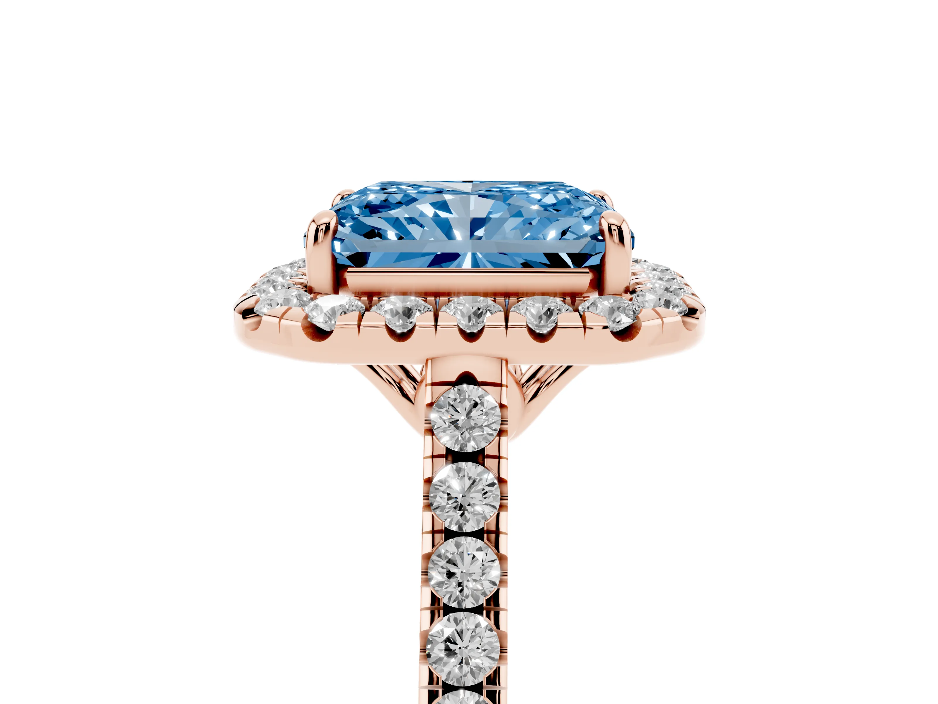 Fancy Blue Radiant Cut Diamond Pavé Halo Engagement Ring Set in Rose gold with Pavé Band and Prong Setting