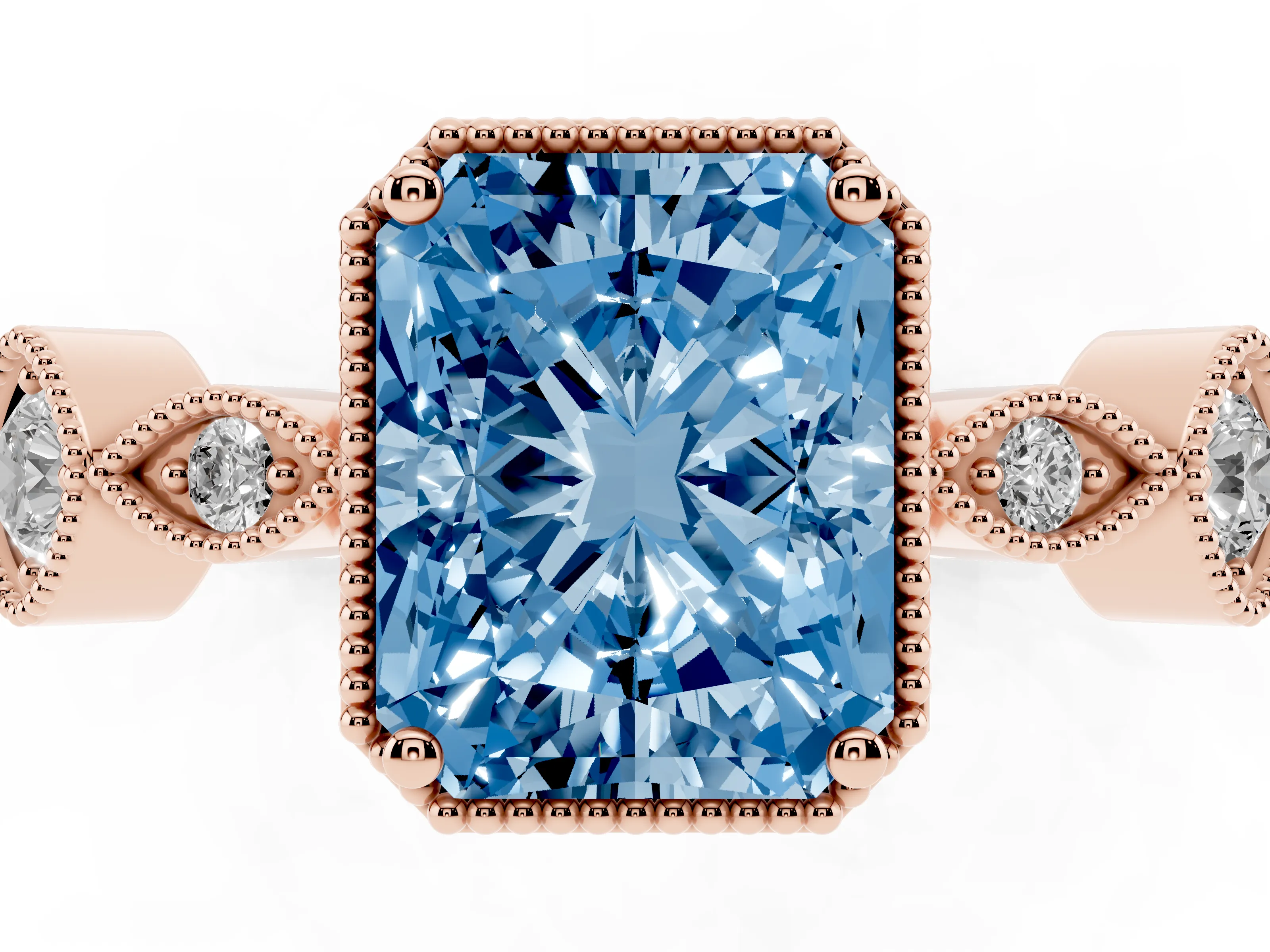Fancy Blue Radiant Cut Diamond Vintage-Inspired Milgrain Ring Set in Rose gold with Marquise Stations of Round Accents