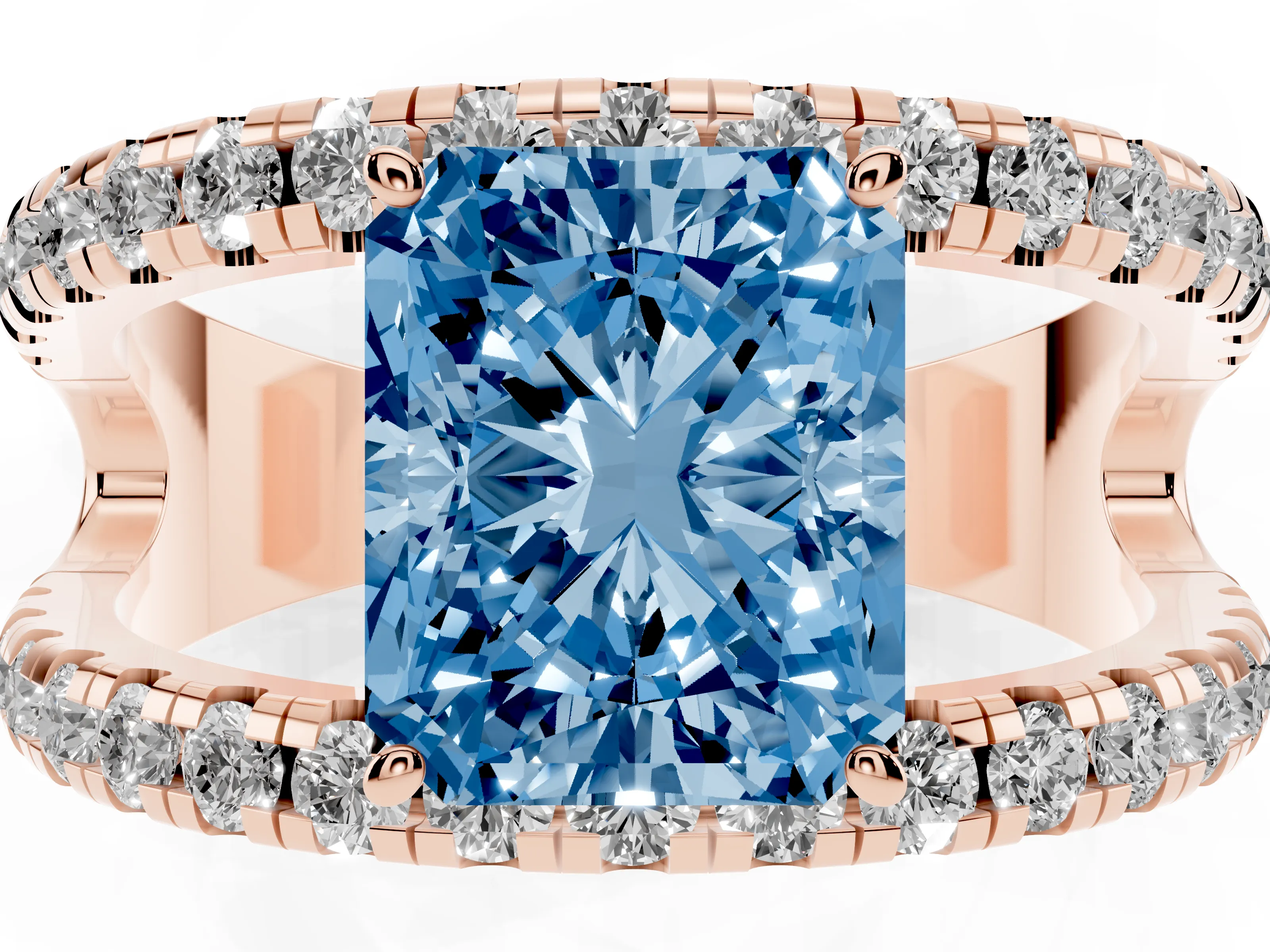 Fancy Blue Radiant Cut Diamond Split Shank Pavé Solitaire Ring Set in Rose gold with Open Shank Design