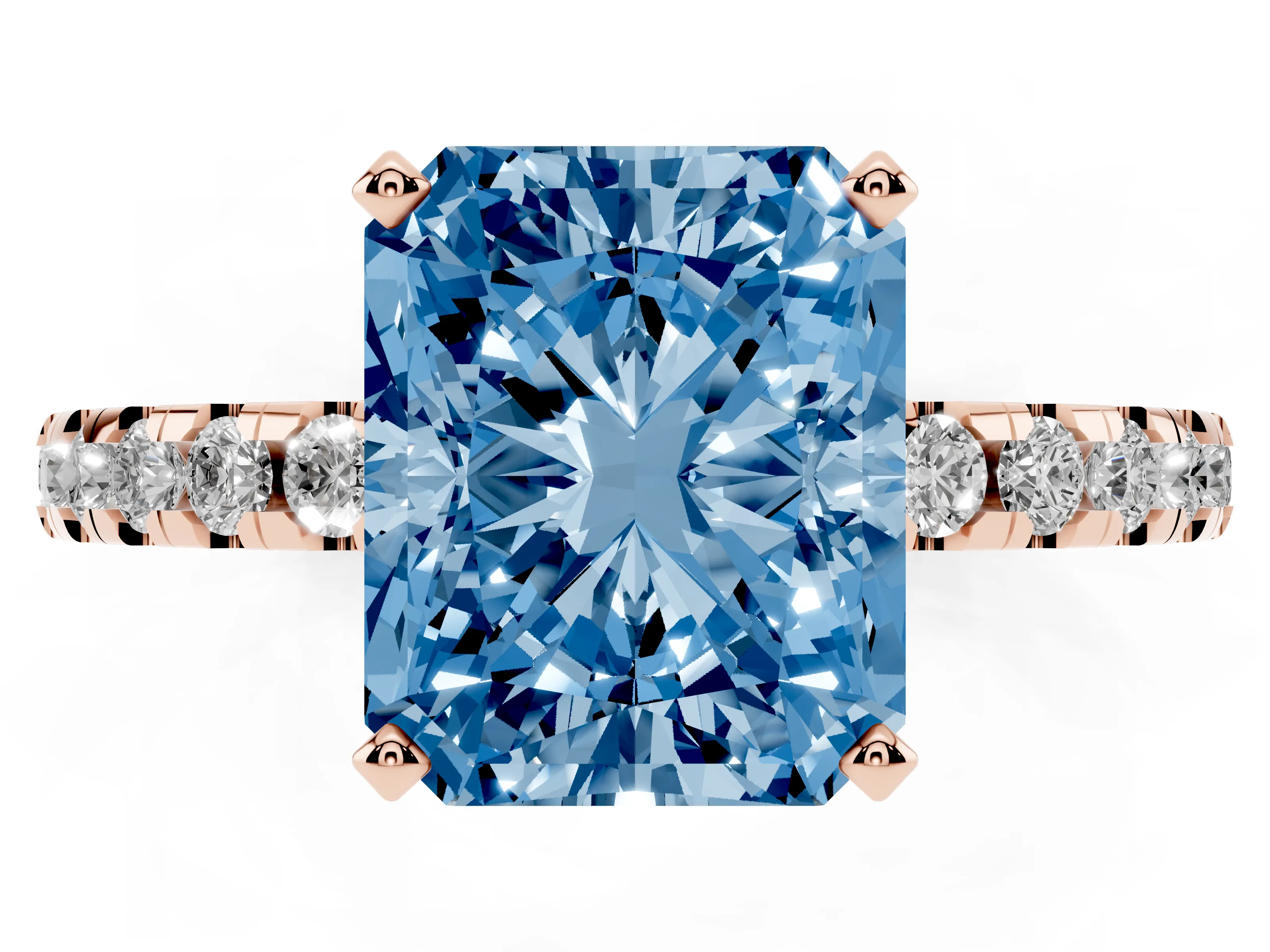 Fancy Blue Radiant Cut Diamond Pavé Solitaire Ring Set in Rose gold with Round Band Accents and Prong Setting