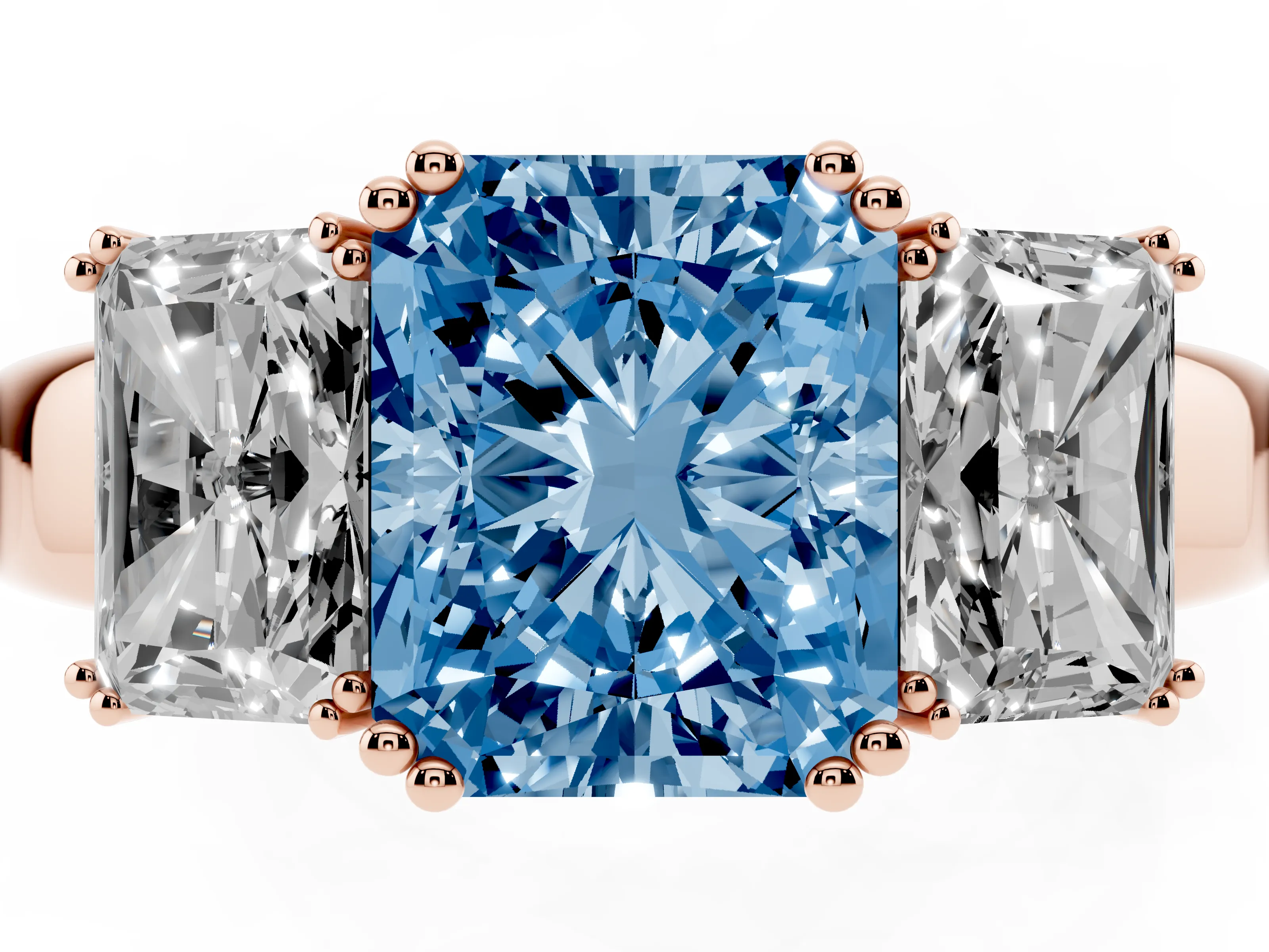 Fancy Blue Radiant Cut Diamond Three-Stone Ring Set in Rose gold with Polished Channel-Set Band