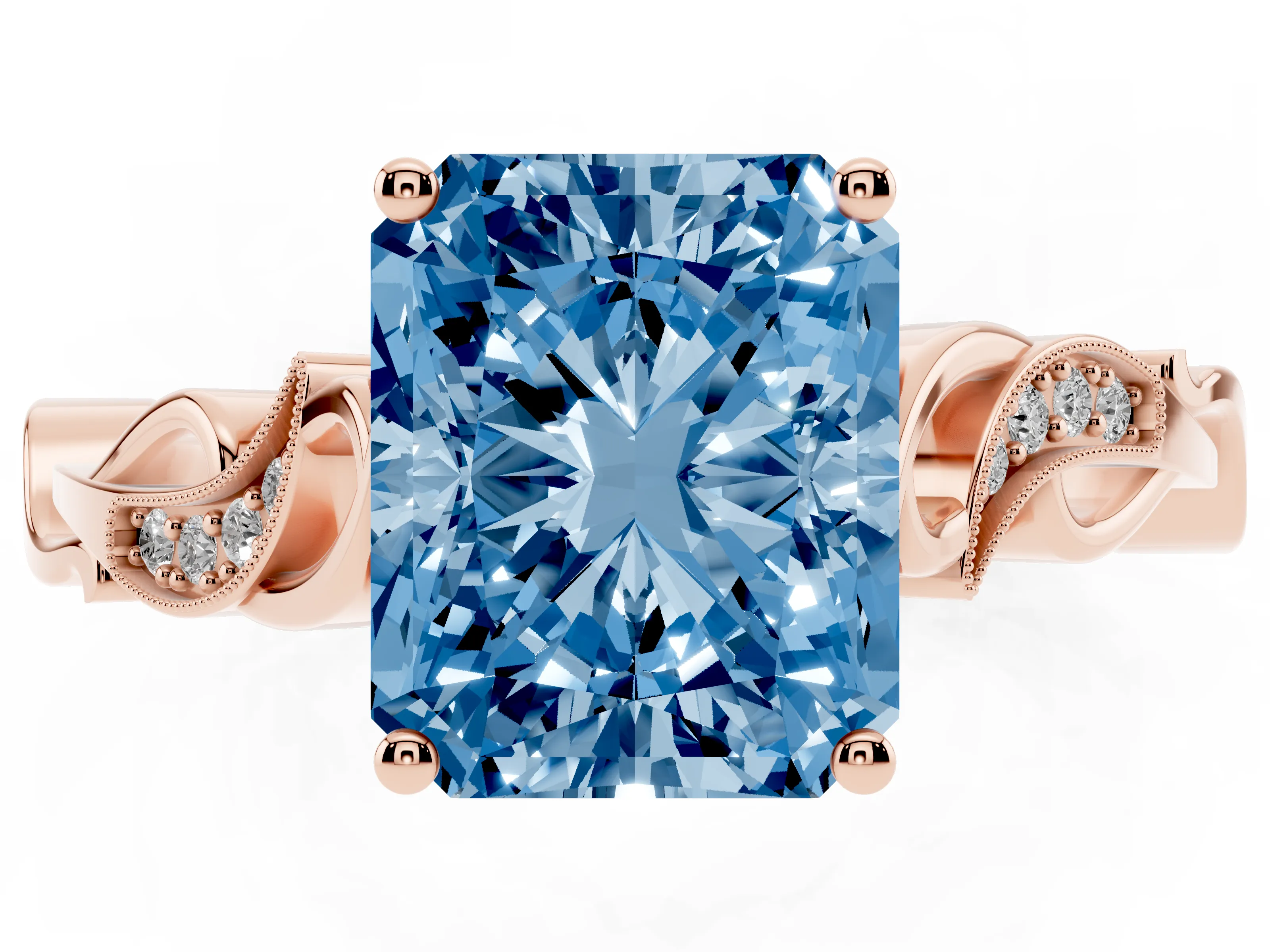 Fancy Blue Radiant Cut Diamond Vine Band Solitaire Ring Set in Rose gold with Milgrain Prong Setting