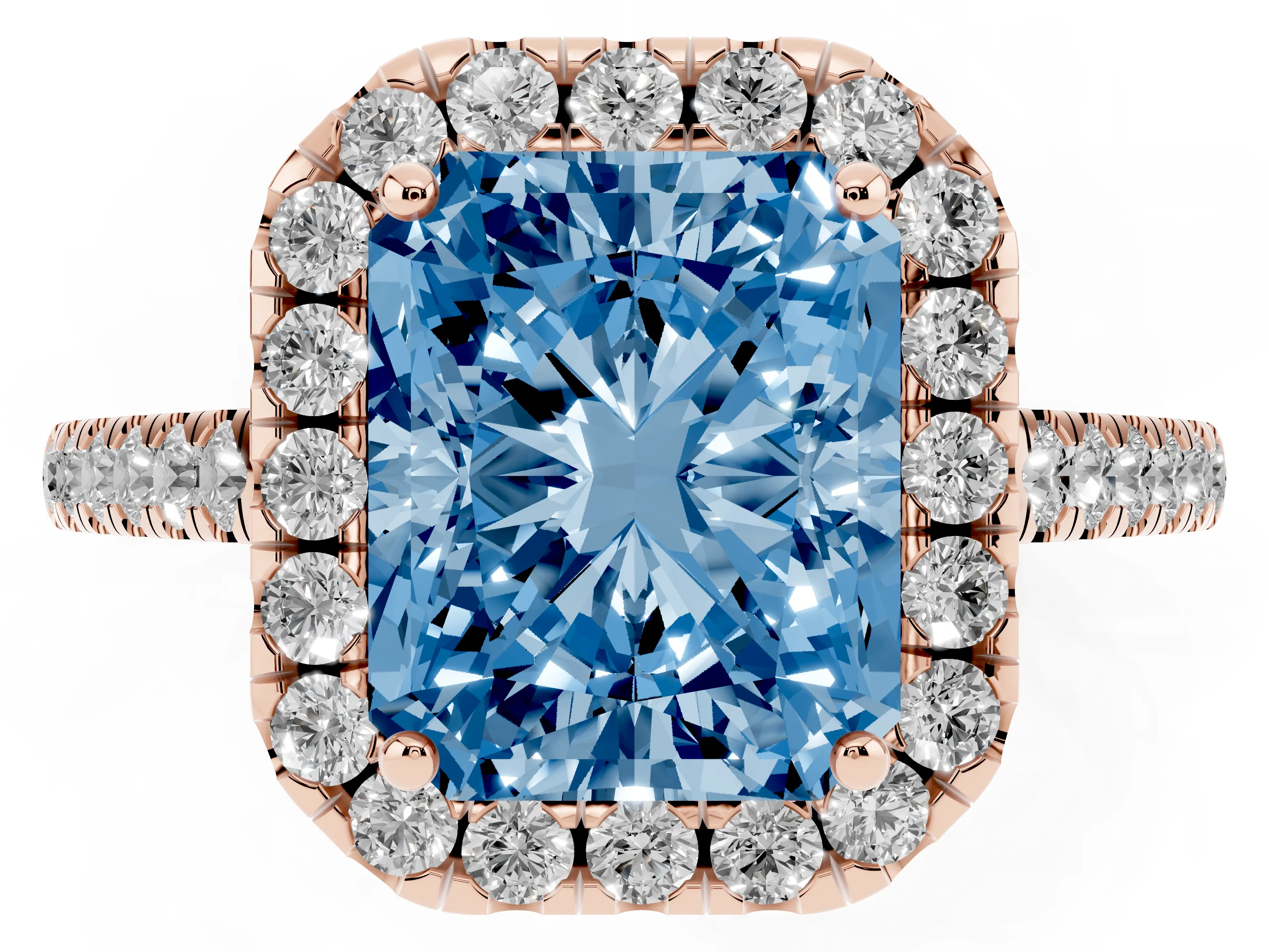 Fancy Blue Radiant Cut Diamond Pavé Halo Engagement Ring Set in Rose gold with Pavé Band and Prong Setting
