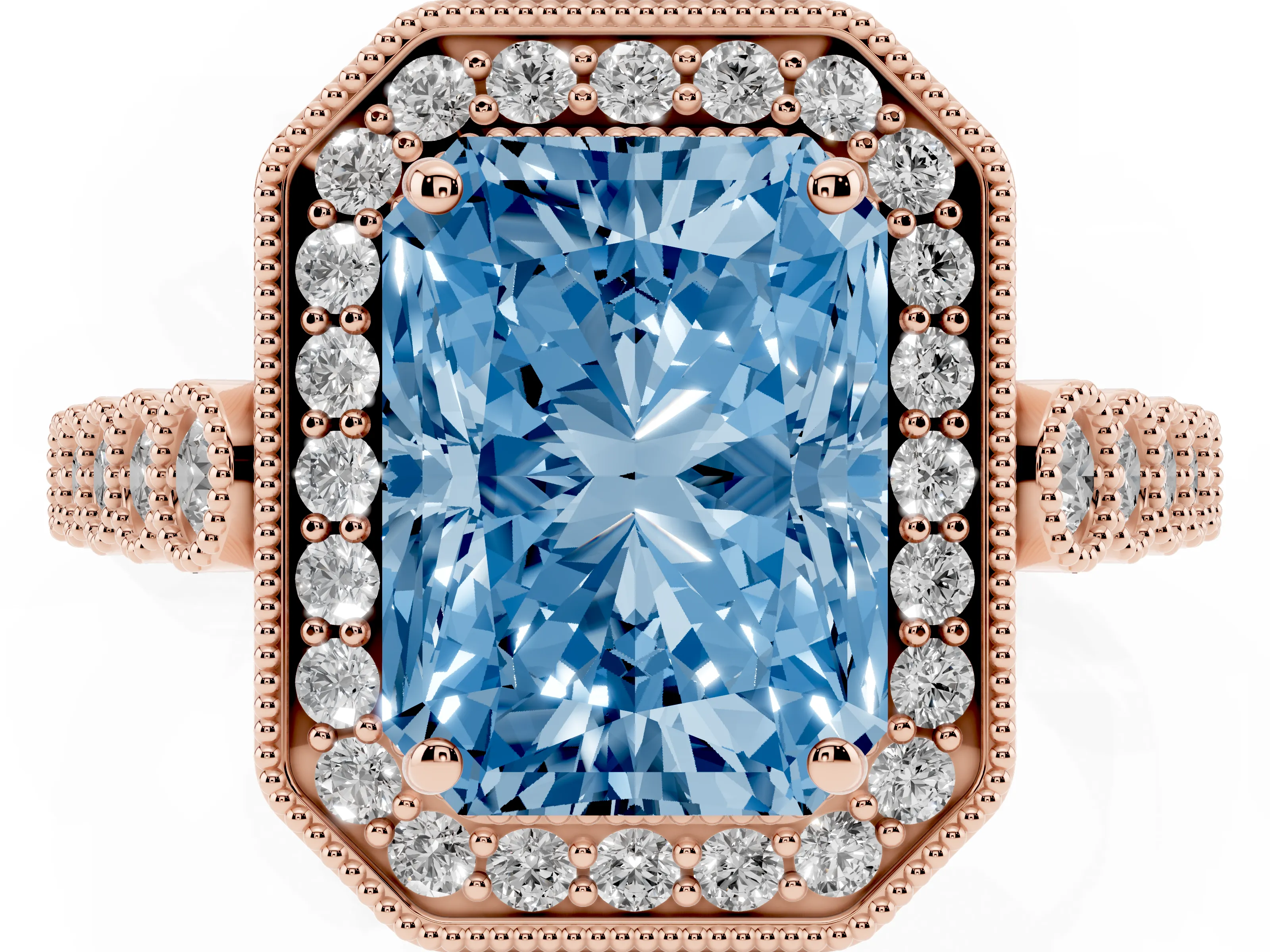 Fancy Blue Radiant Cut Diamond Milgrain Halo Solitaire Ring Set in Rose gold with Bezel Set Side Stones and Pavé Band