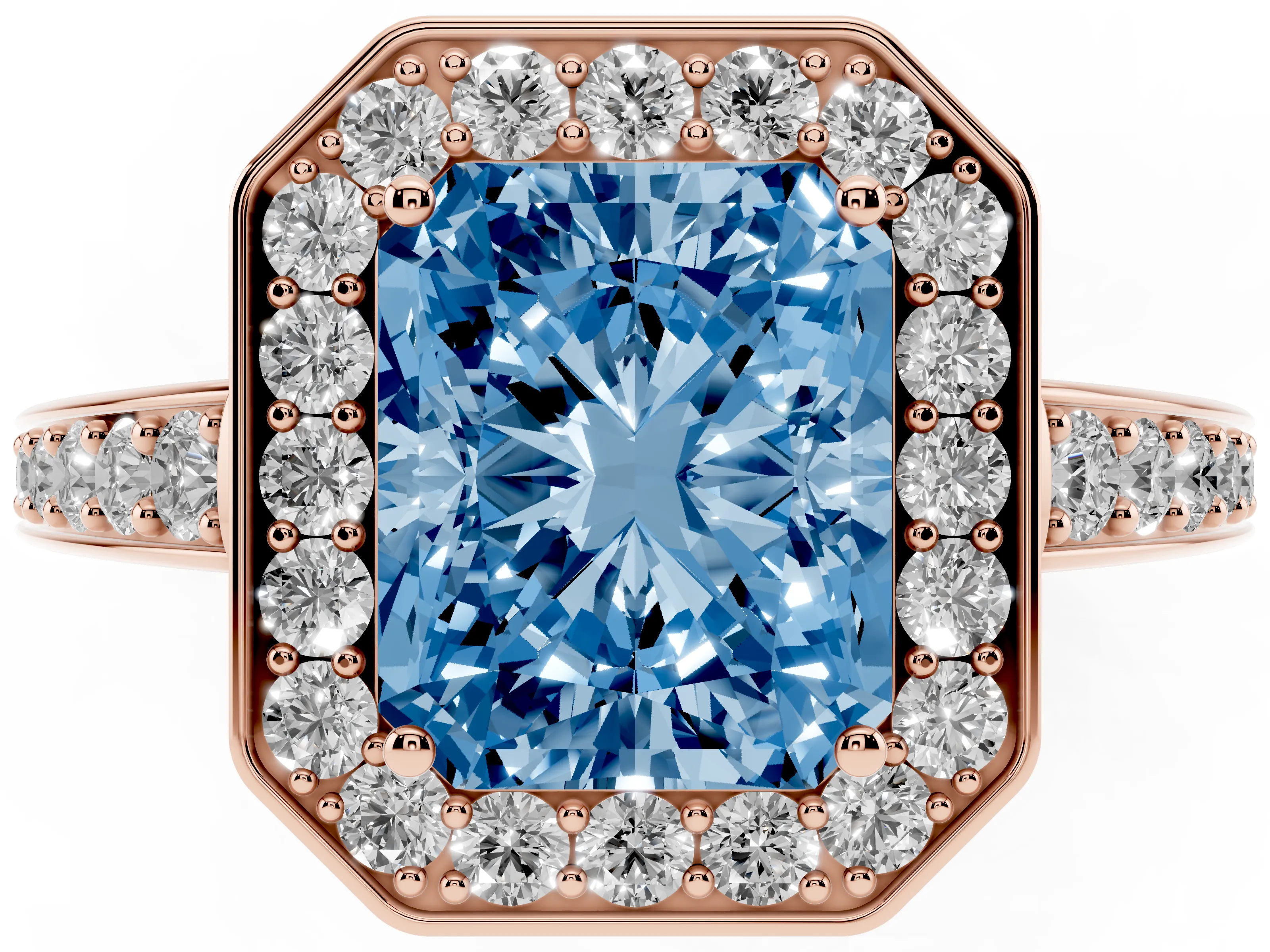 Fancy Blue Radiant Cut Diamond Halo Pavé Engagement Ring Set in Rose gold with Bezel Setting