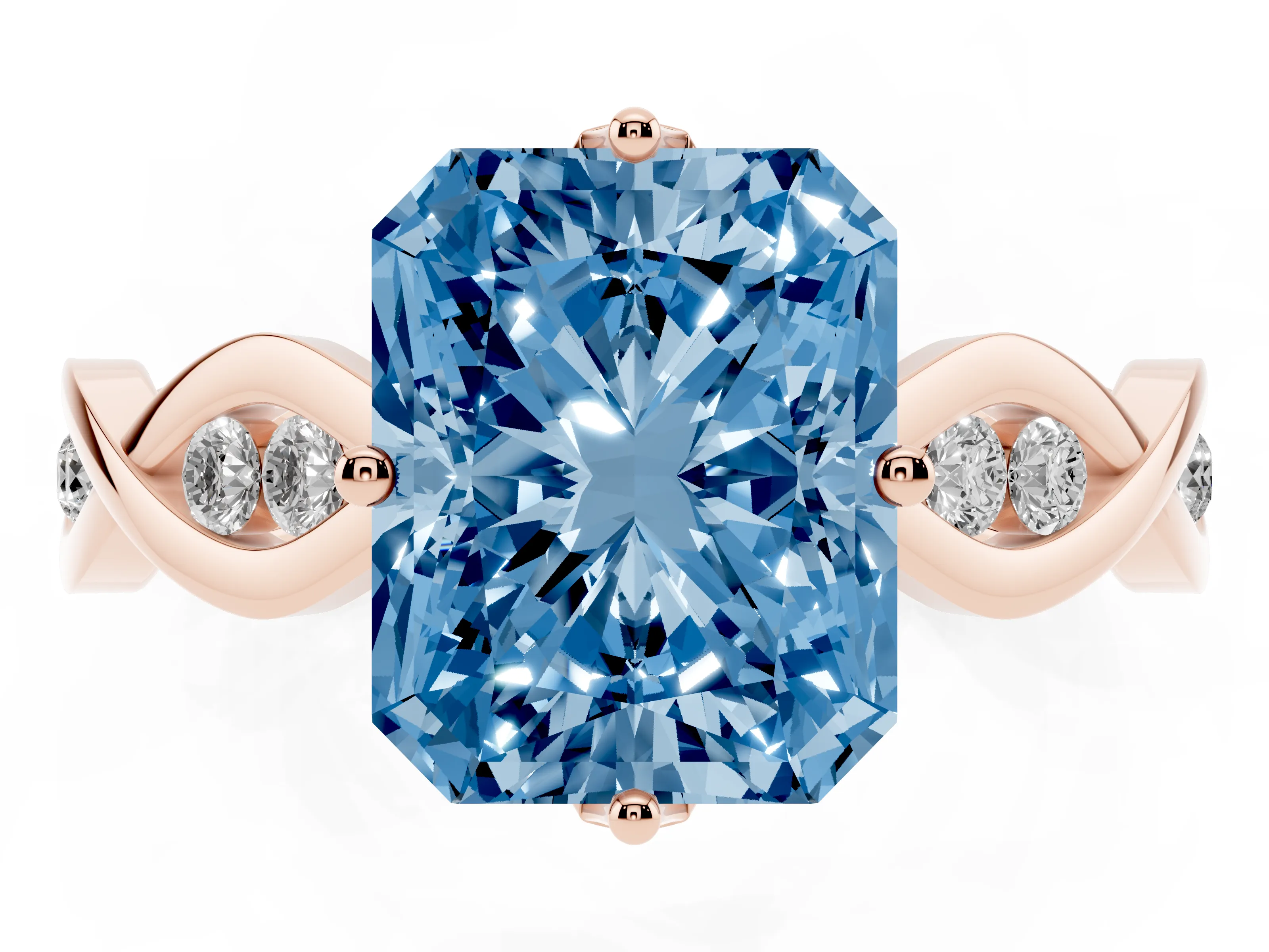 Fancy Blue Radiant Cut Diamond Twist Band Solitaire Ring Set in Rose gold with Leaf Prong Setting and Accent Stones