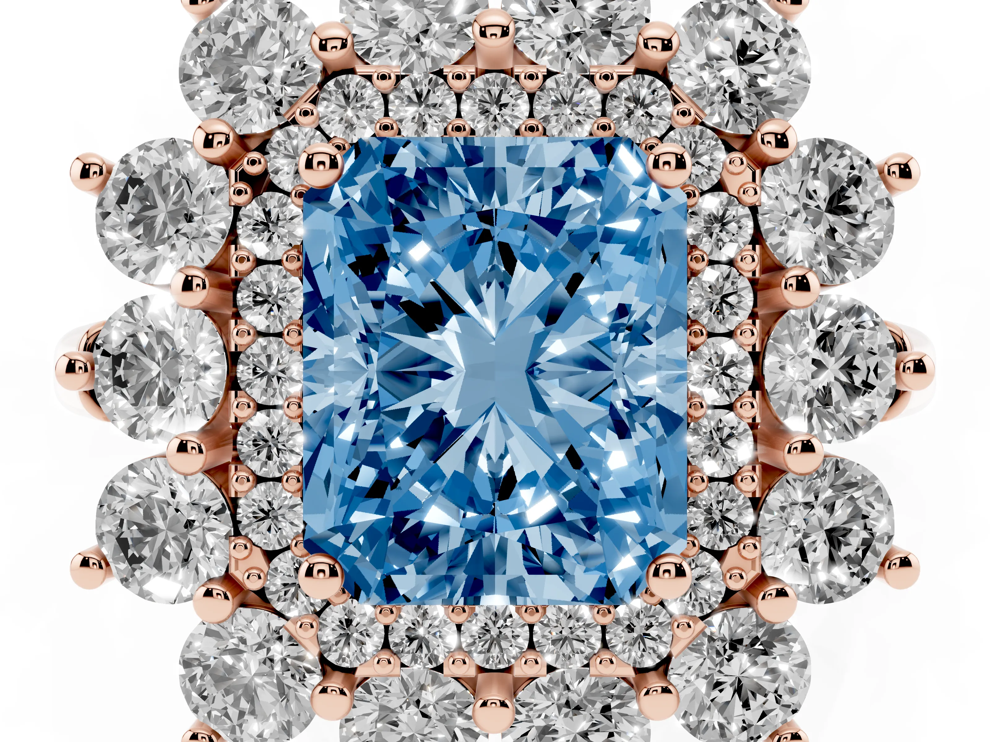 Fancy Blue Radiant Cut Diamond Floral Double Halo Ring Set in Rose gold with Round Petals