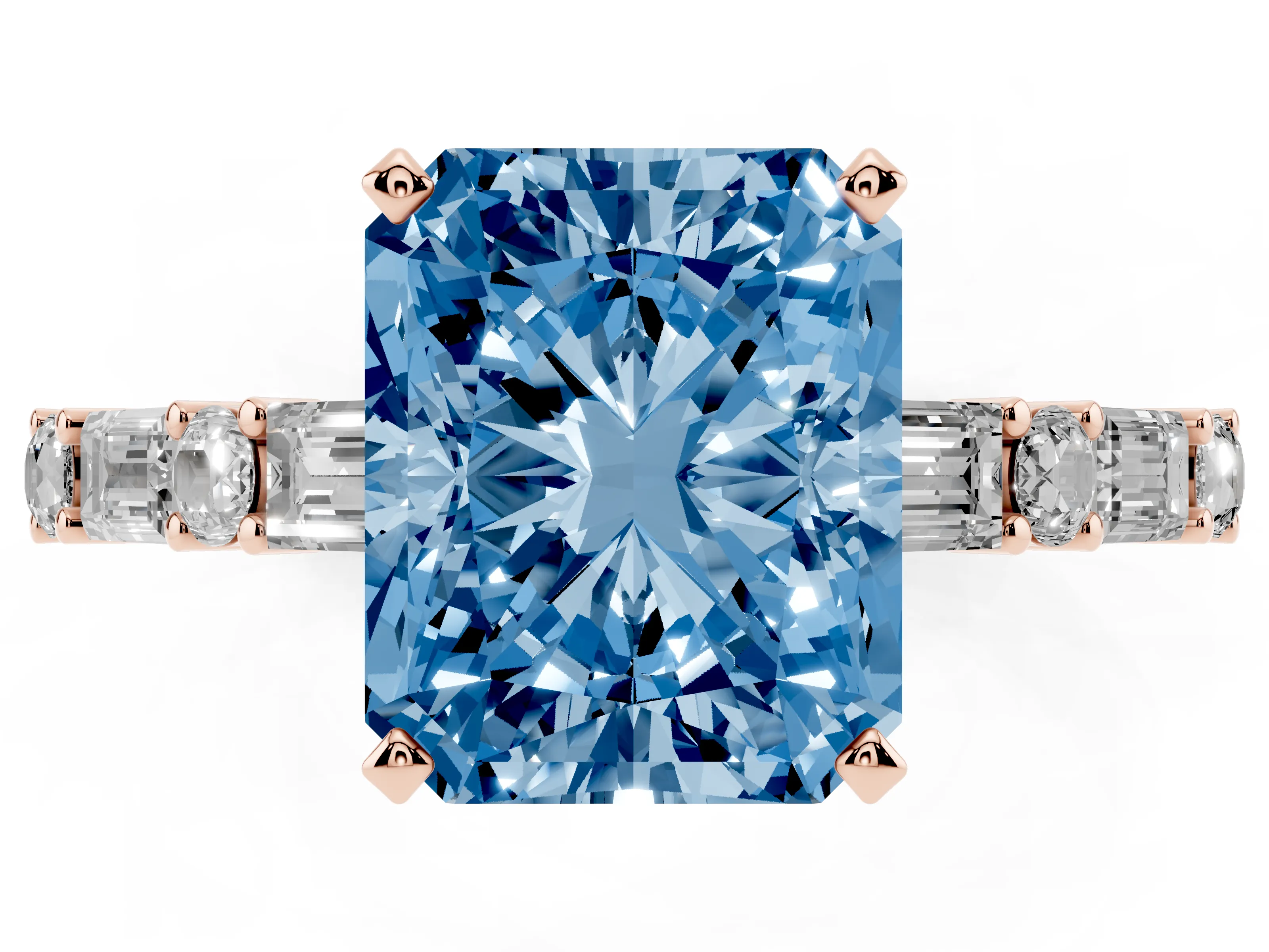 Fancy Blue Radiant Cut Diamond Solitaire Set in Rose gold with Side Baguettes and Channel Set Band