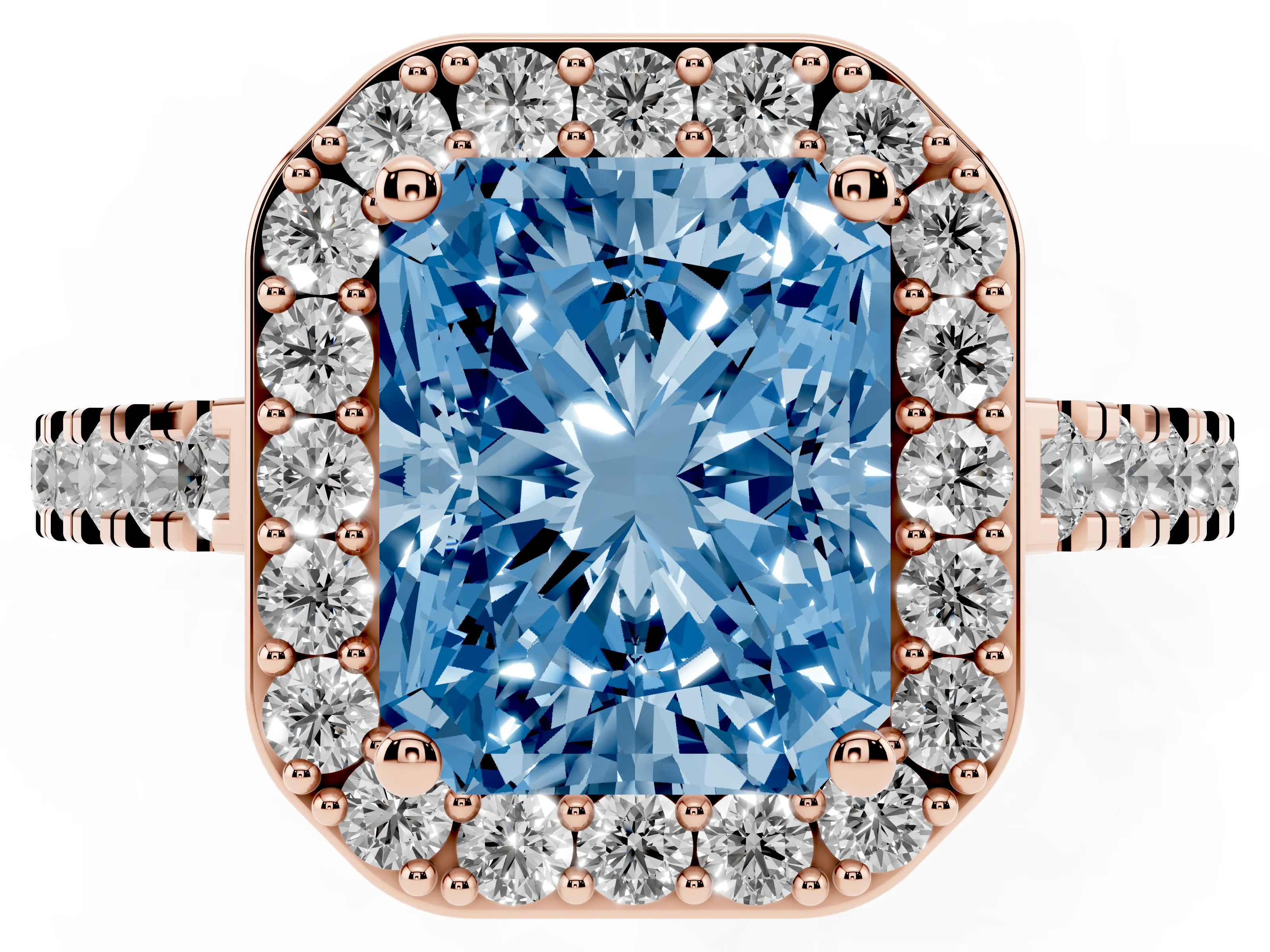 Fancy Blue Radiant Cut Diamond Halo Ring Set in Rose gold with Round Pavé Split Shank and Prong Setting