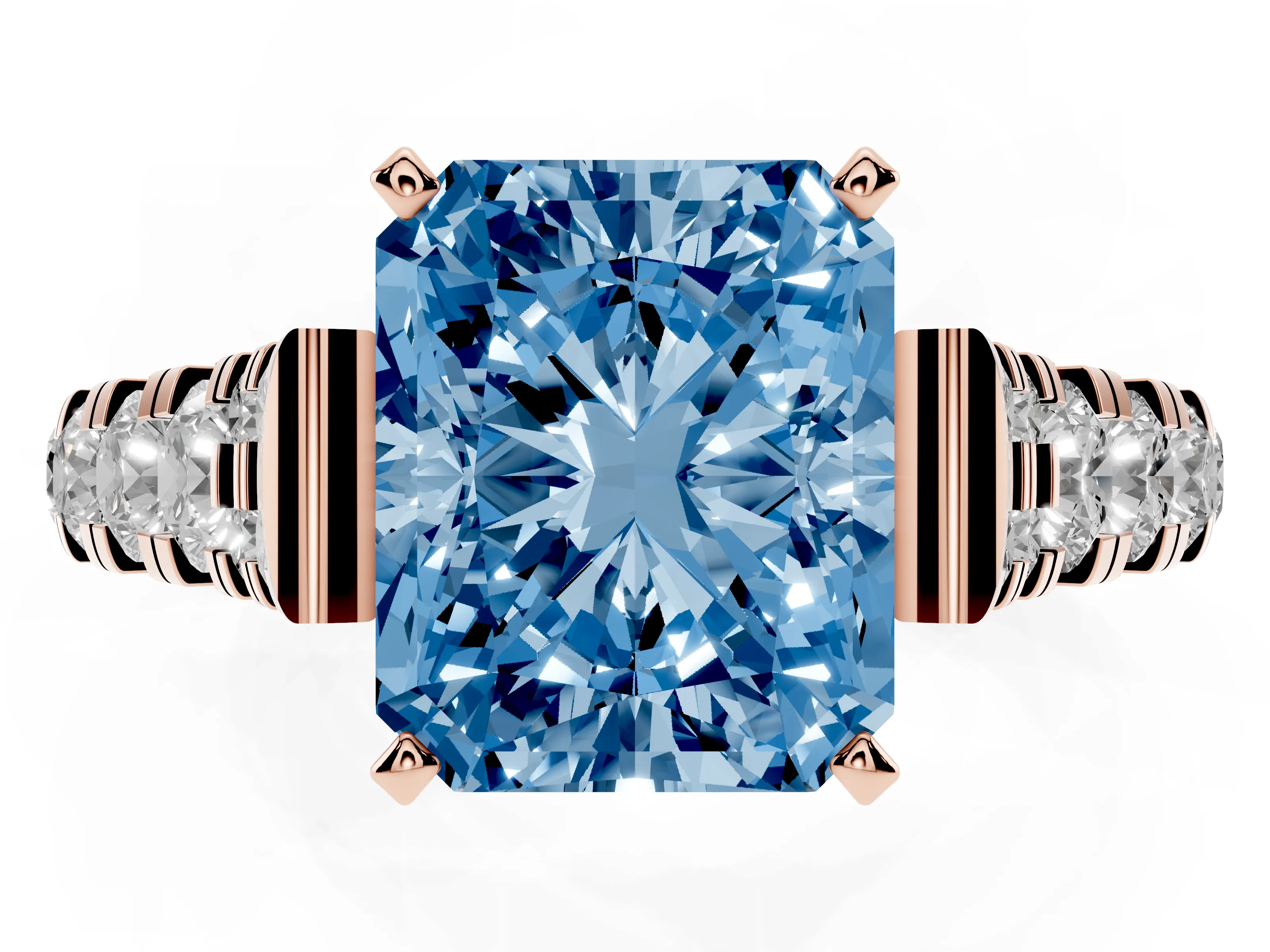 Fancy Blue Radiant Cut Diamond Classic Solitaire Ring Set in Rose gold with Pavé Band and Prong Setting