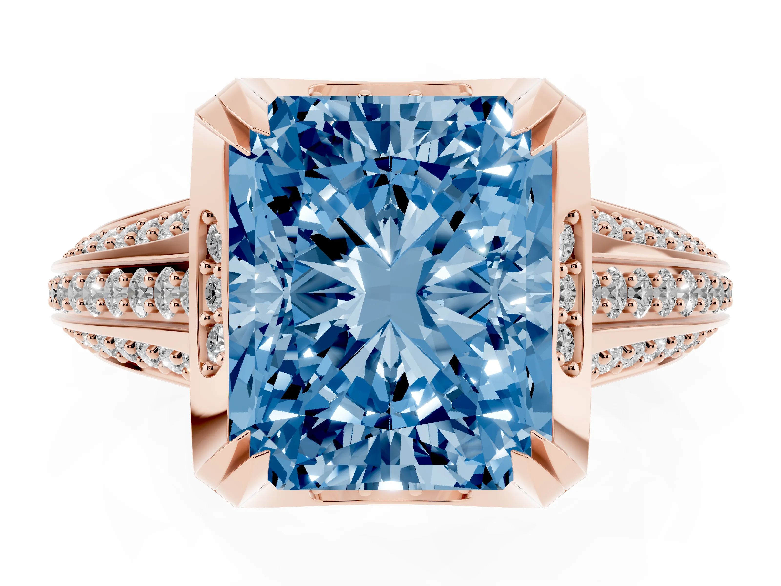 Fancy Blue Radiant Cut Diamond Pavé Split Shank Solitaire Ring Set in Rose gold with Prong Setting