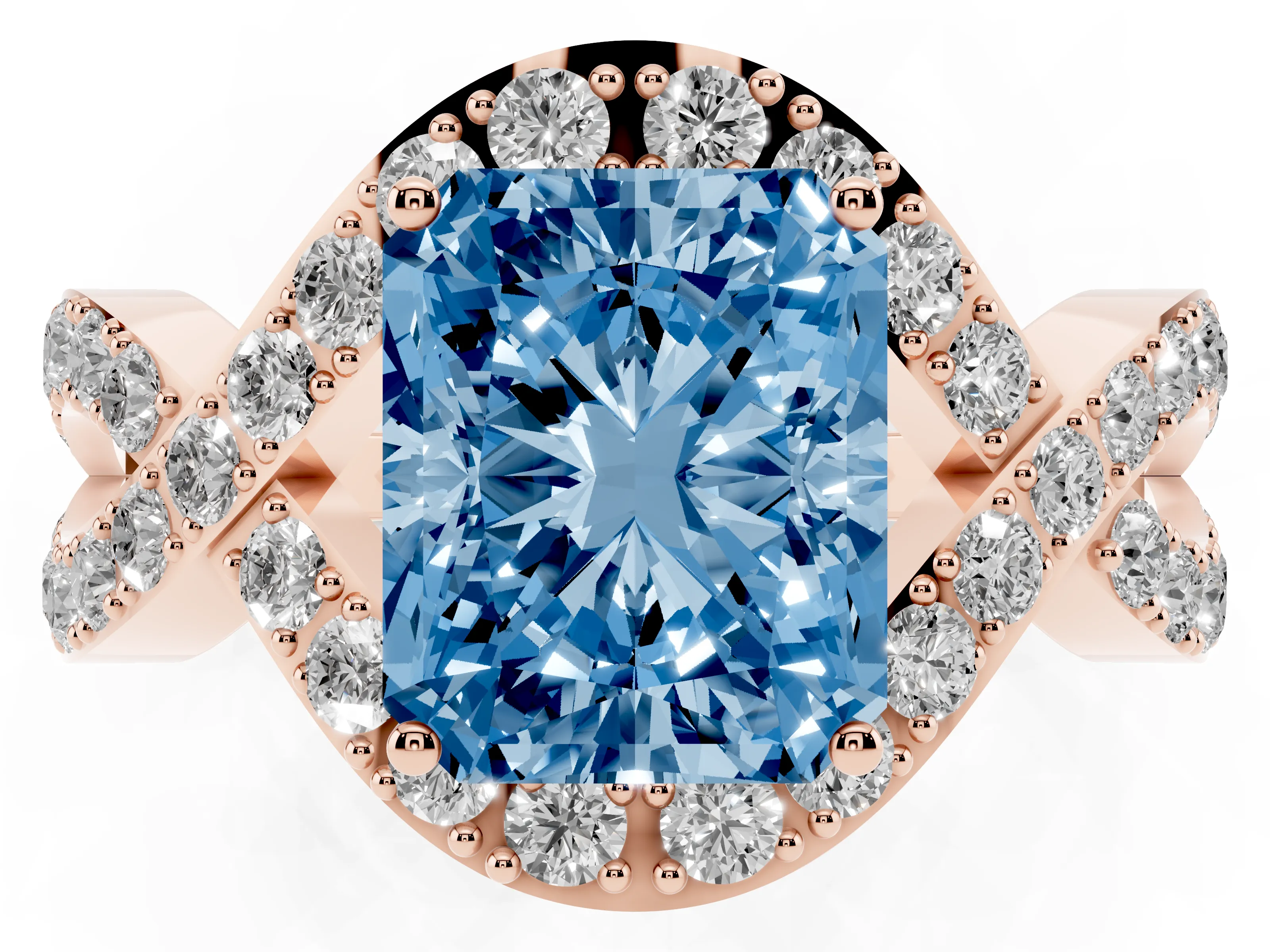 Fancy Blue Radiant Cut Diamond Solitaire Twist Band Pavé Engagement Ring Set in Rose gold