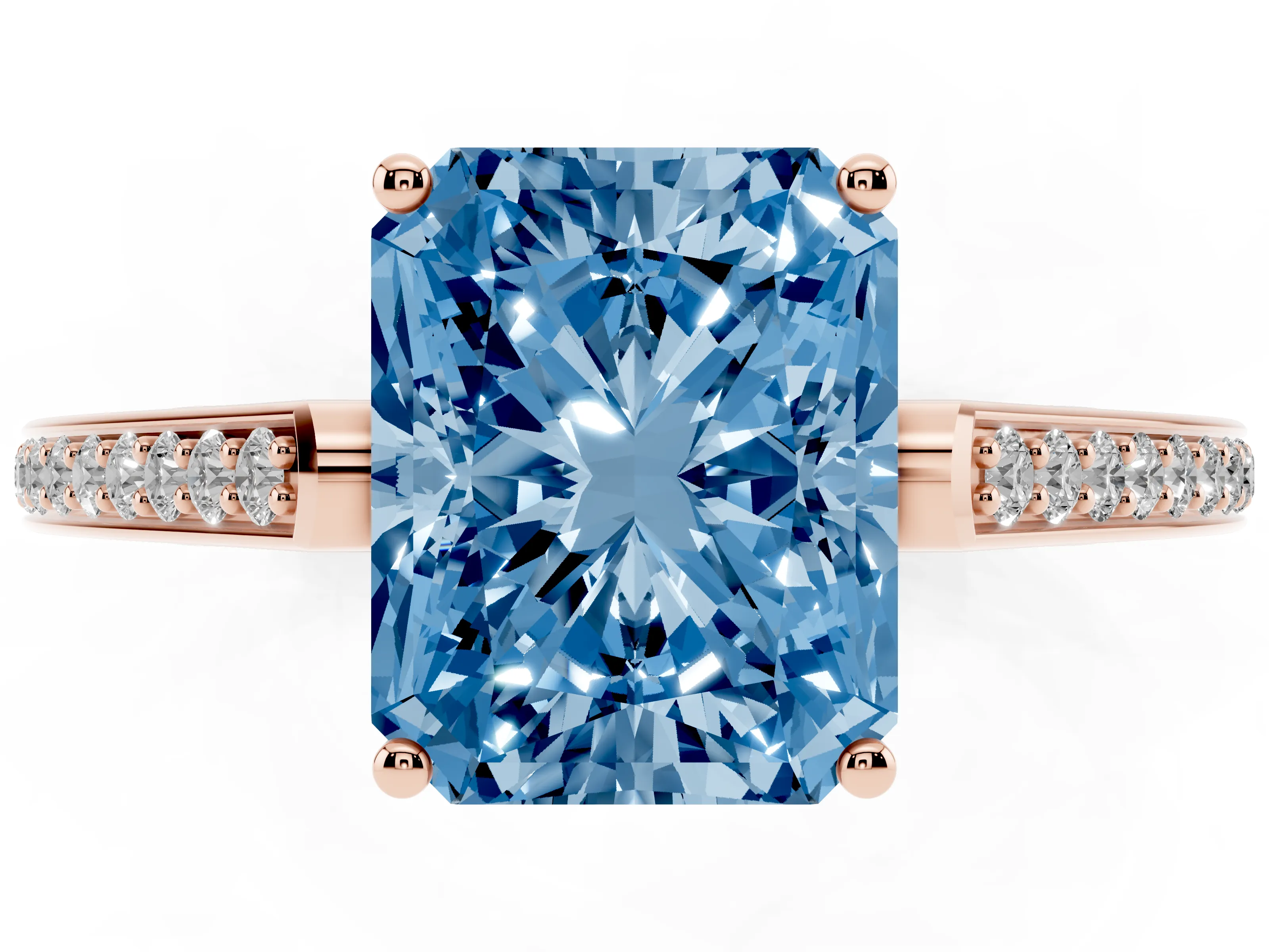 Fancy Blue Radiant Cut Diamond Cathedral Pavé Engagement Ring Set in Rose gold with Prong Setting