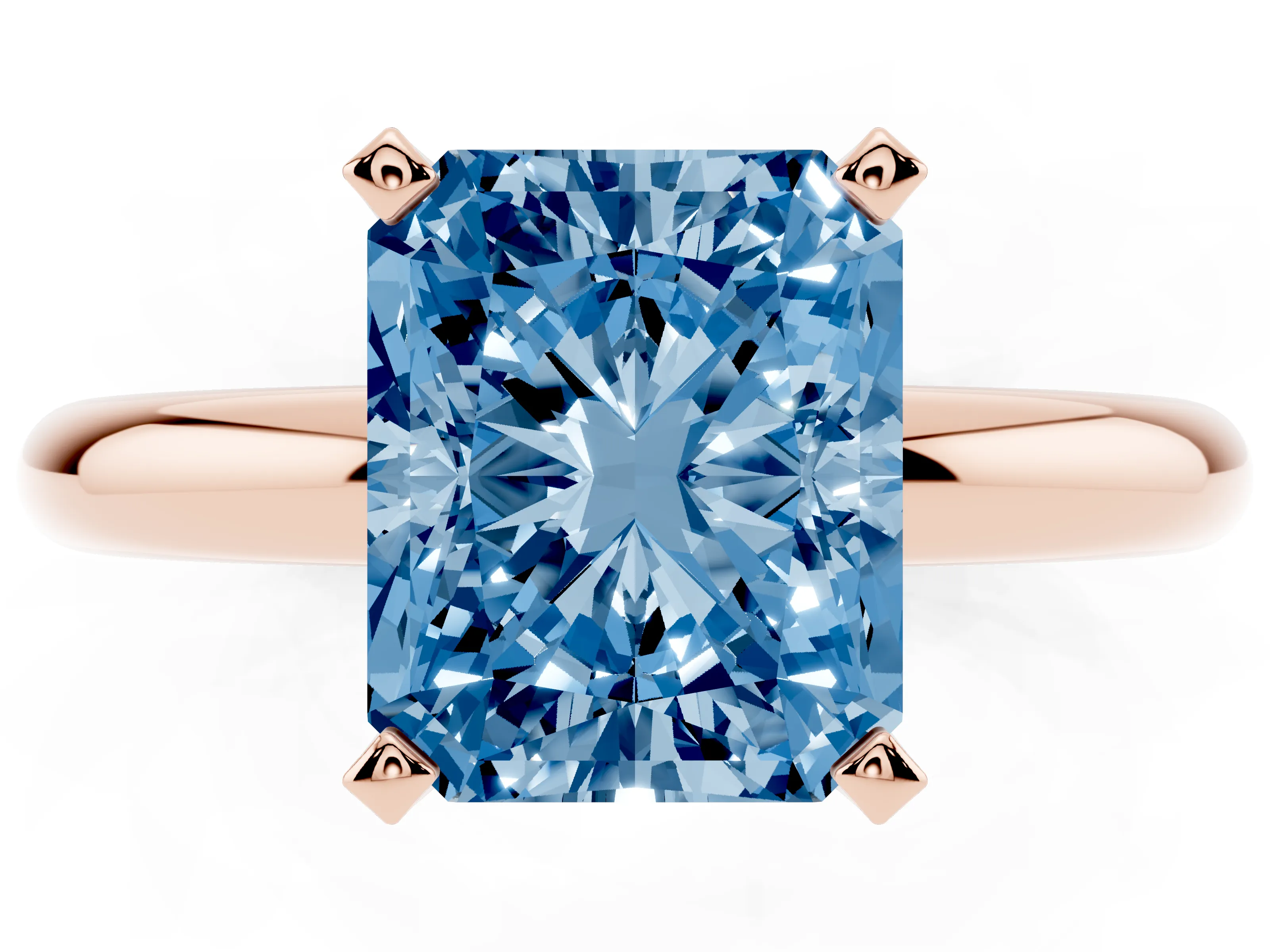 Fancy Blue Radiant Cut Diamond Solitaire Engagement Ring Set in Rose gold with Round Band and Prong Setting