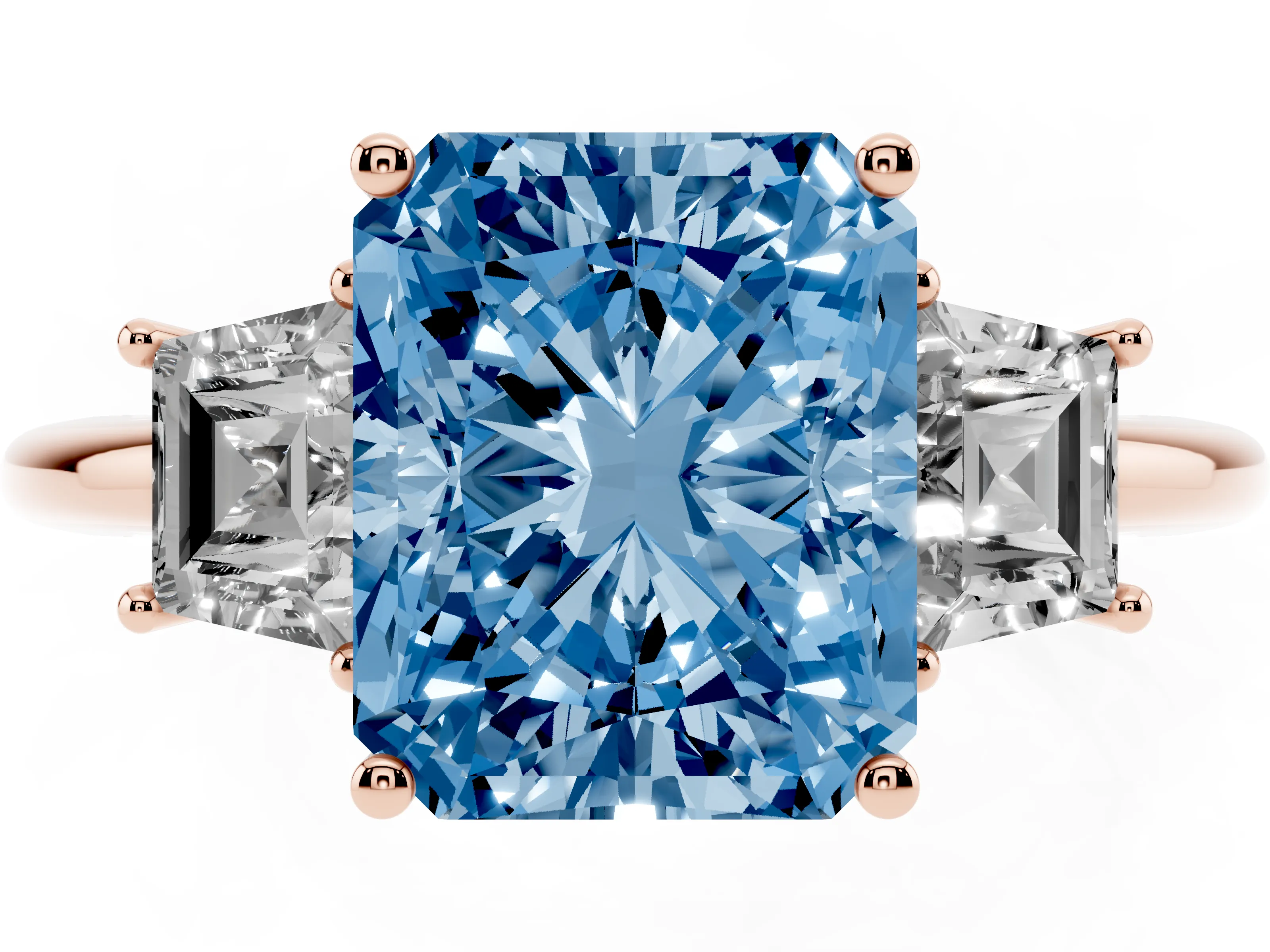 Fancy Blue Radiant Cut Diamond Three-Stone Ring Set in Rose gold with Trapezoid Side Stones and Prong Setting
