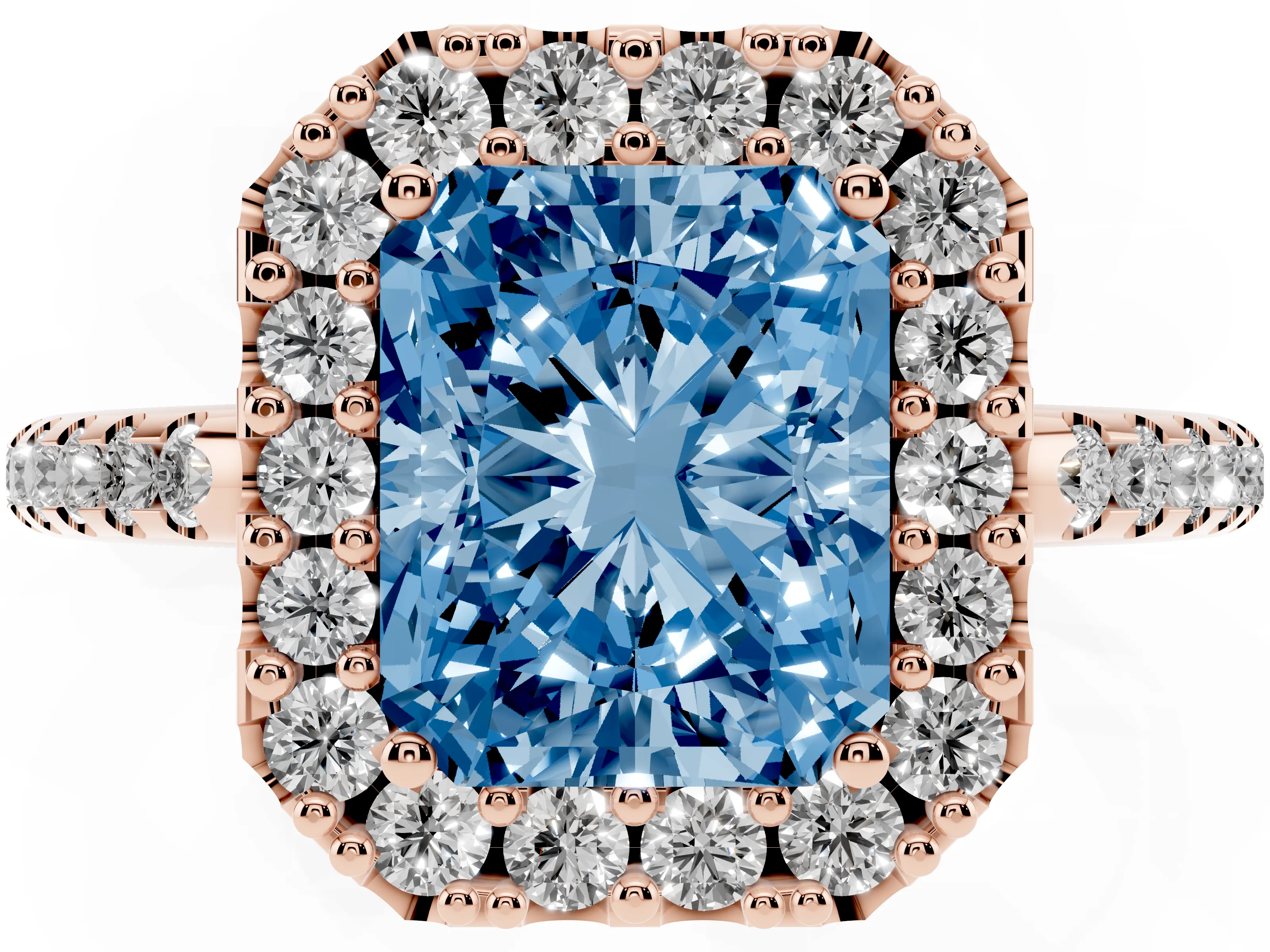 Fancy Blue Radiant Cut Diamond Pavé Halo Ring Set in Rose gold with Prong Setting