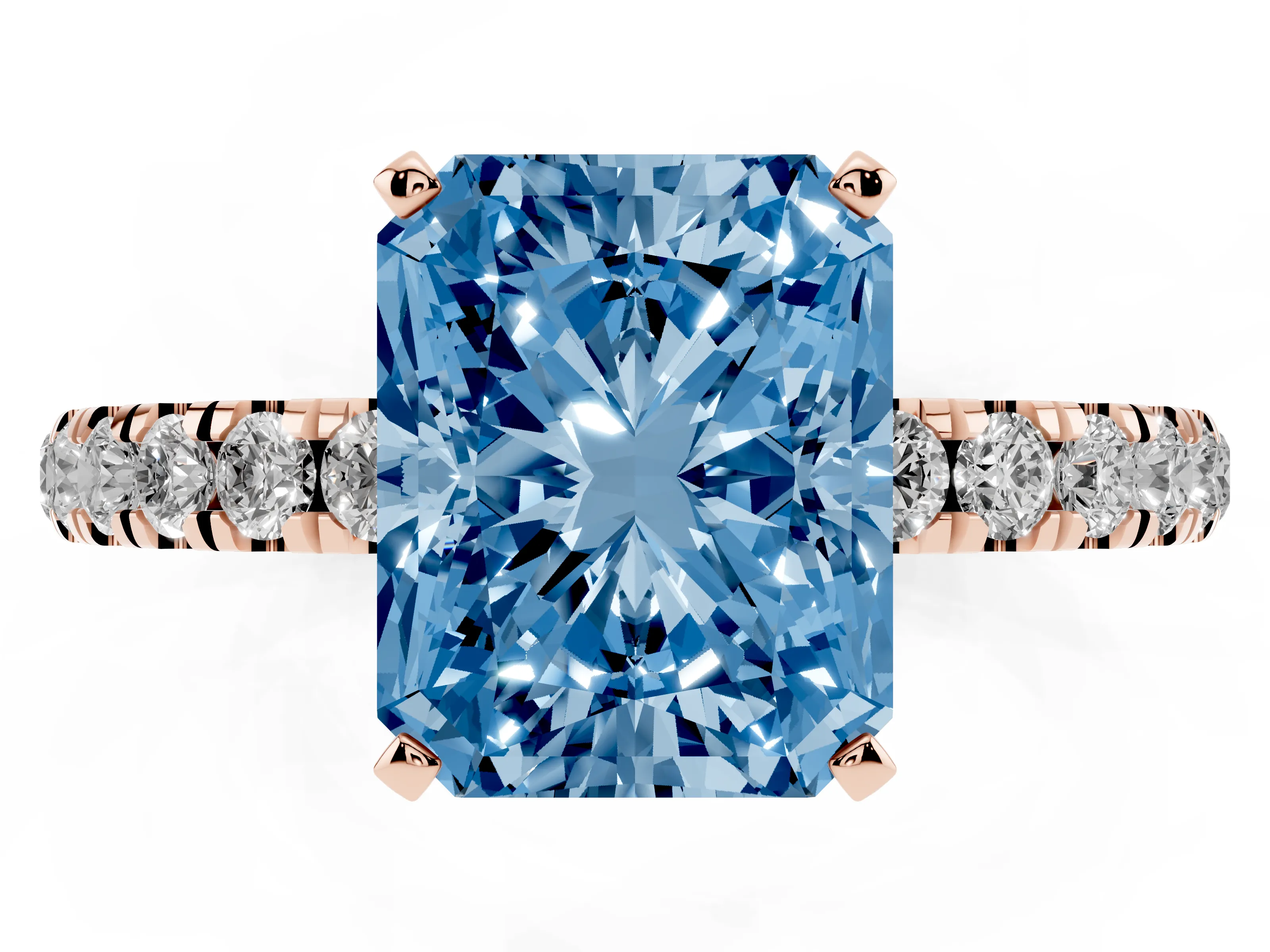 Fancy Blue Radiant Cut Diamond Solitaire Ring Set in Rose gold with Pavé Accents and Prong Setting