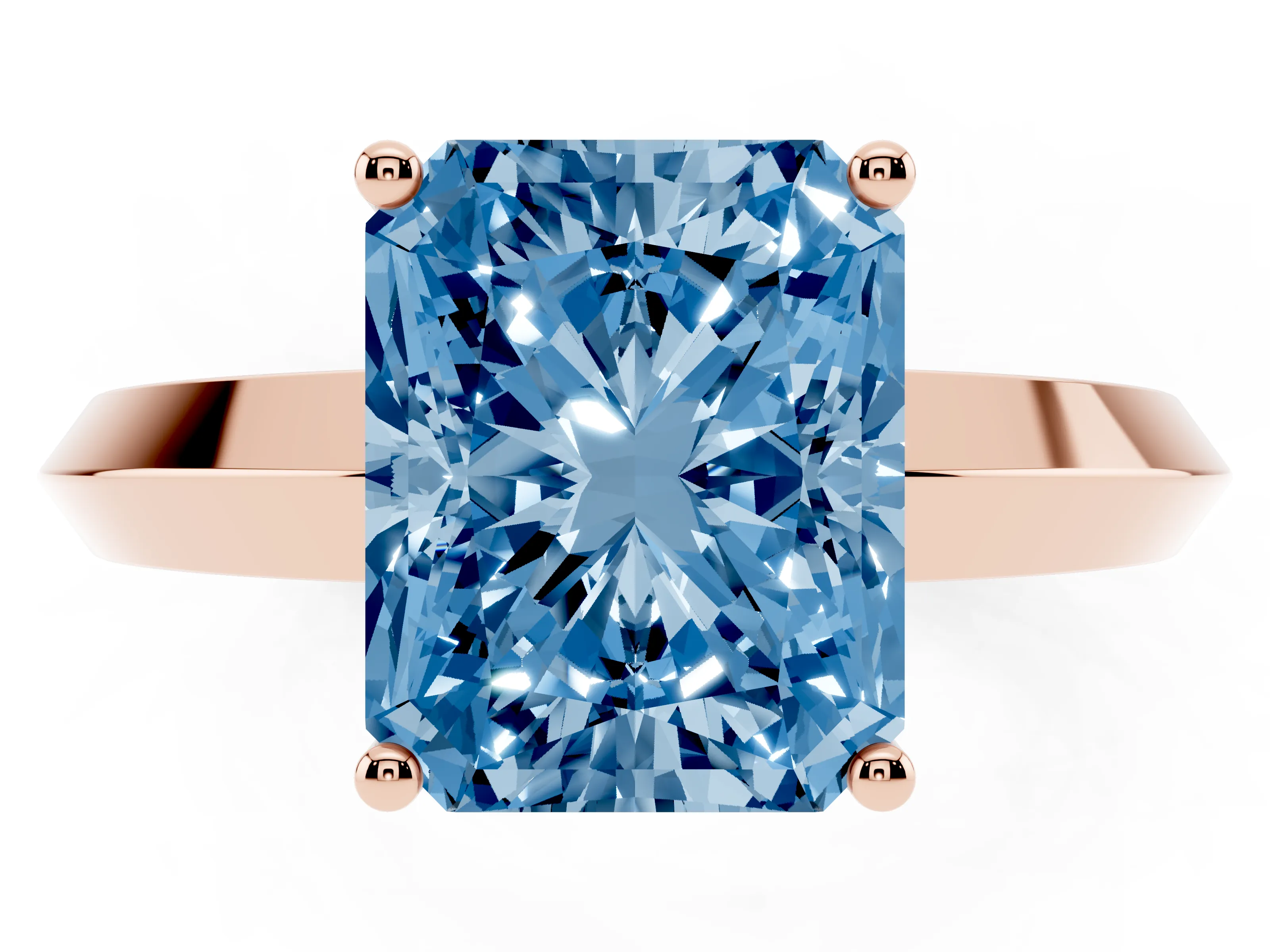 Fancy Blue Radiant Cut Diamond Solitaire Engagement Ring Set in Rose gold with Flat Band and Prong Setting