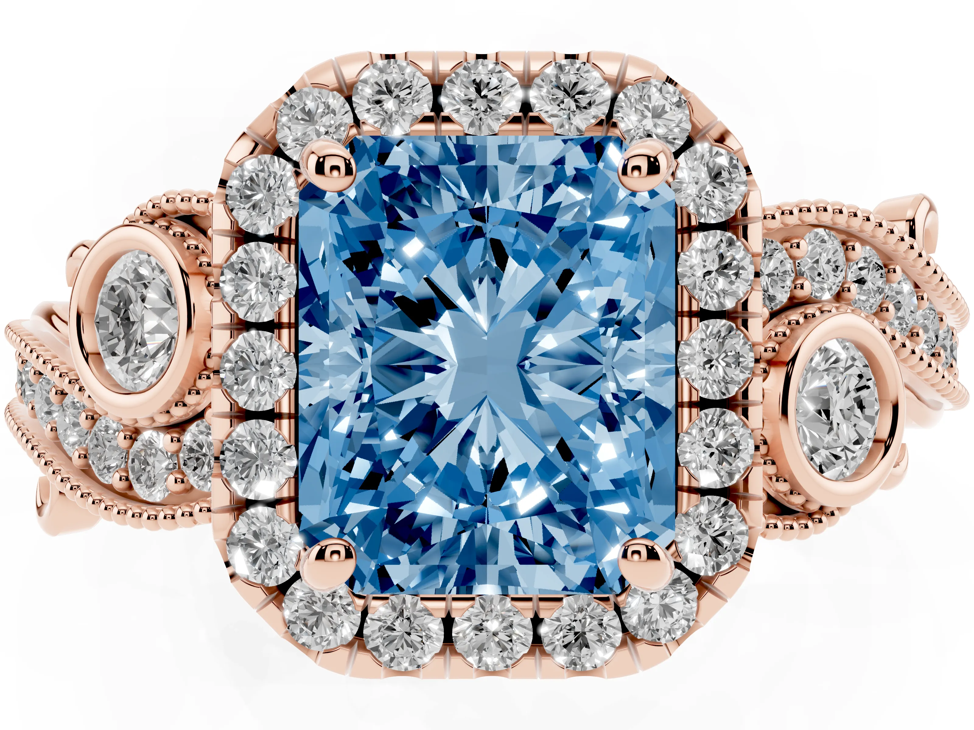 Fancy Blue Radiant Cut Diamond Halo Ring Set in Rose gold with Milgrain Pavé Band and Prong Setting