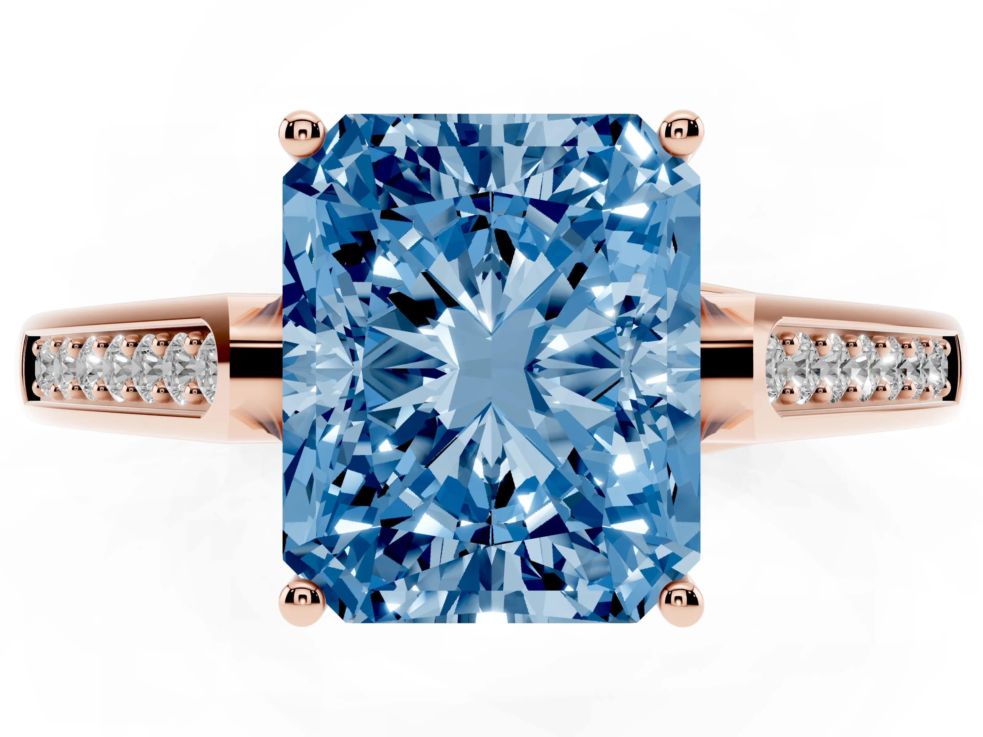 Fancy Blue Radiant Cut Diamond Solitaire Cathedral Engagement Ring Set in Rose gold with Channel-Set Band and Prong Setting