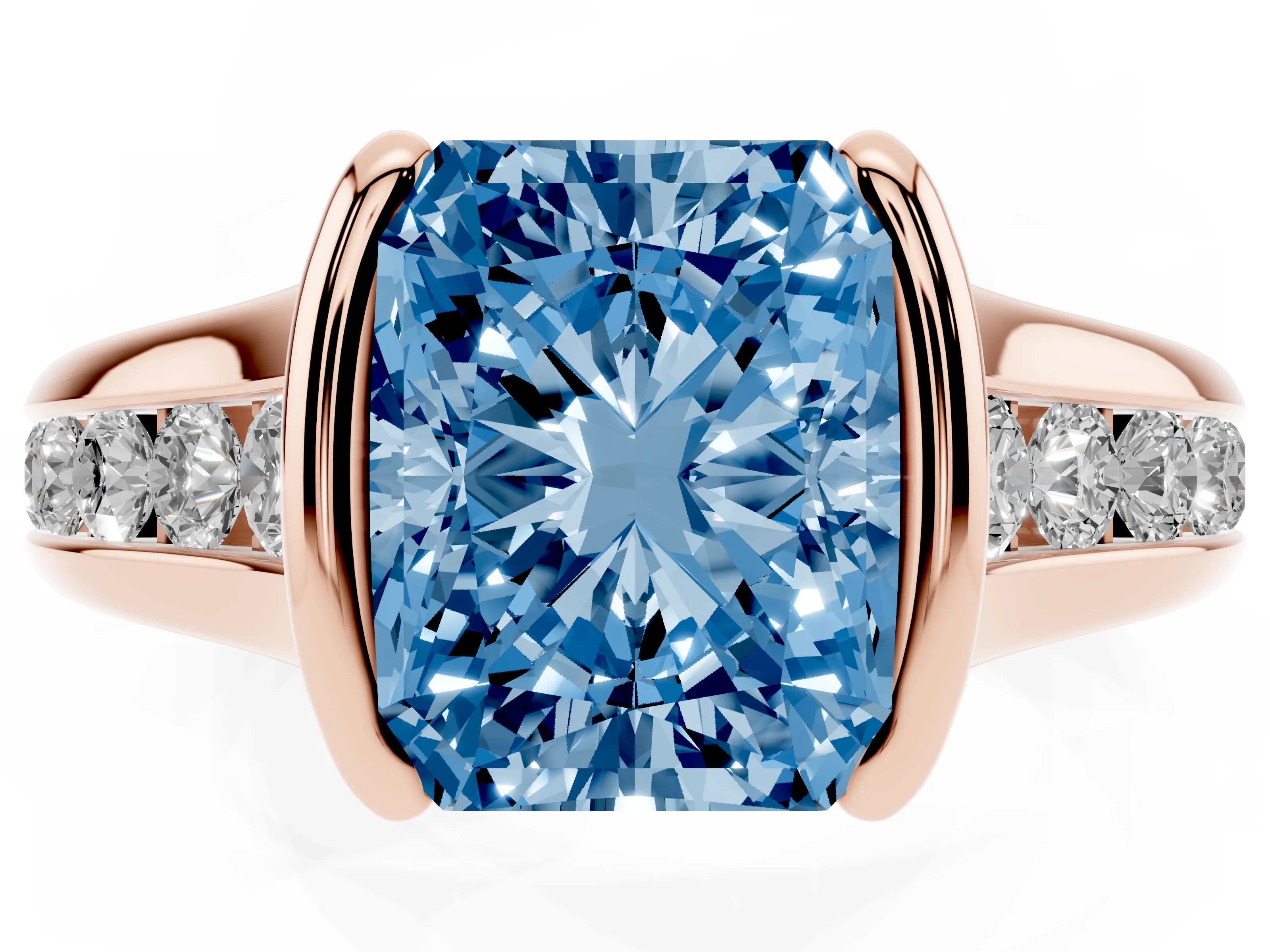 Fancy Blue Radiant Cut Diamond Bezel-Set Solitaire Ring Set in Rose gold with Channel-Set Band