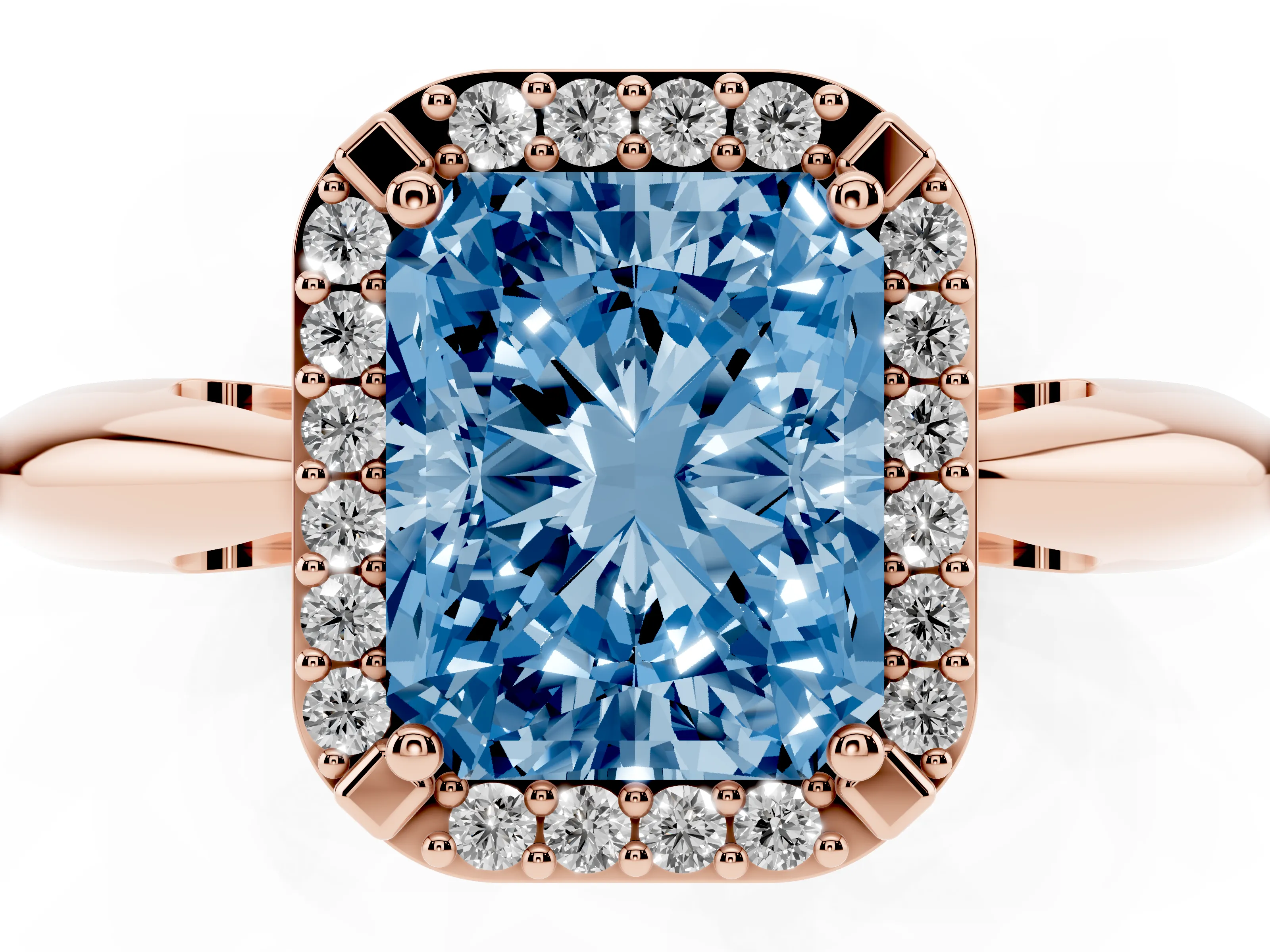 Fancy Blue Radiant Cut Diamond Halo Engagement Ring Set in Rose gold with Plain Split Shank and Prong Setting