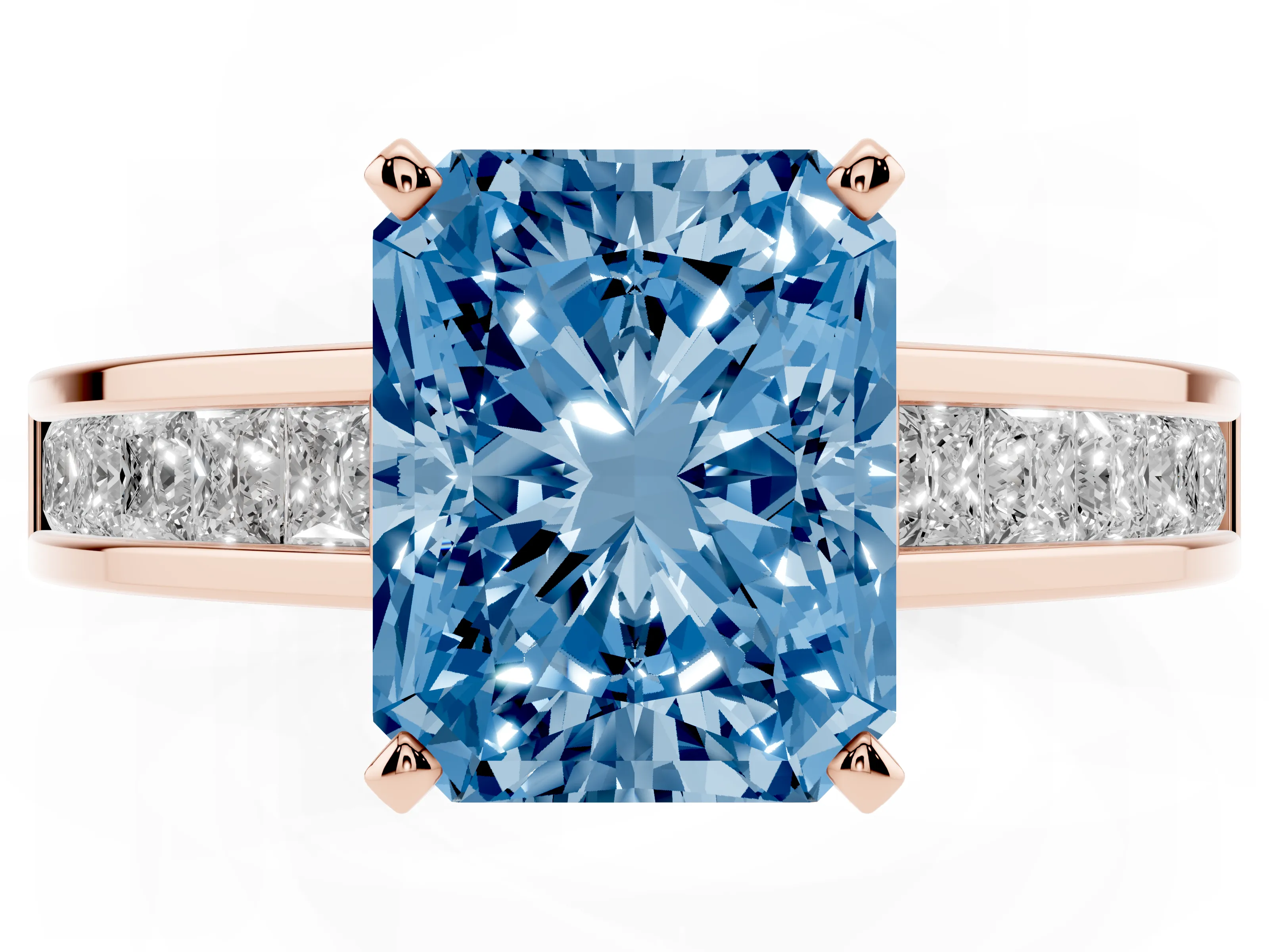 Fancy Blue Radiant Cut Diamond Solitaire Ring Set in Rose gold with Channel-Set Band and Prong Setting