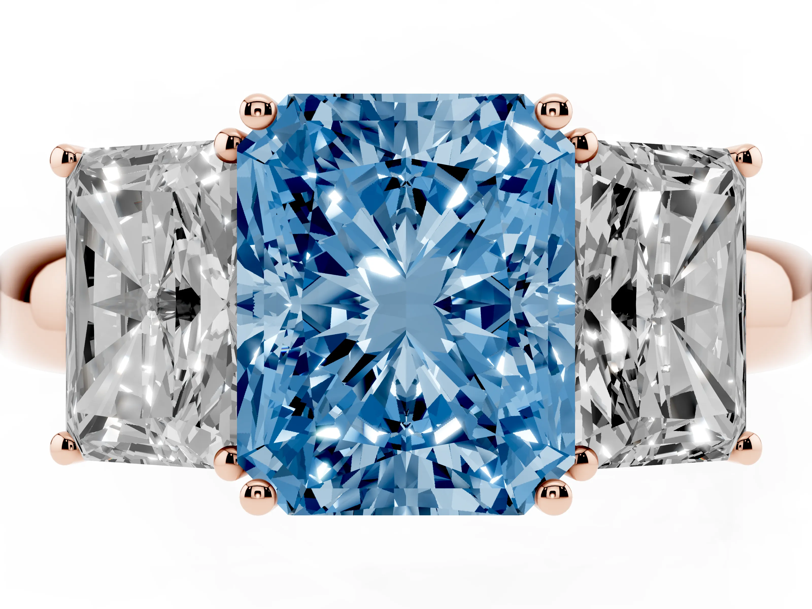 Fancy Blue Radiant Cut Diamond Three-Stone Ring Set in Rose gold with Bold Center and Classic Band