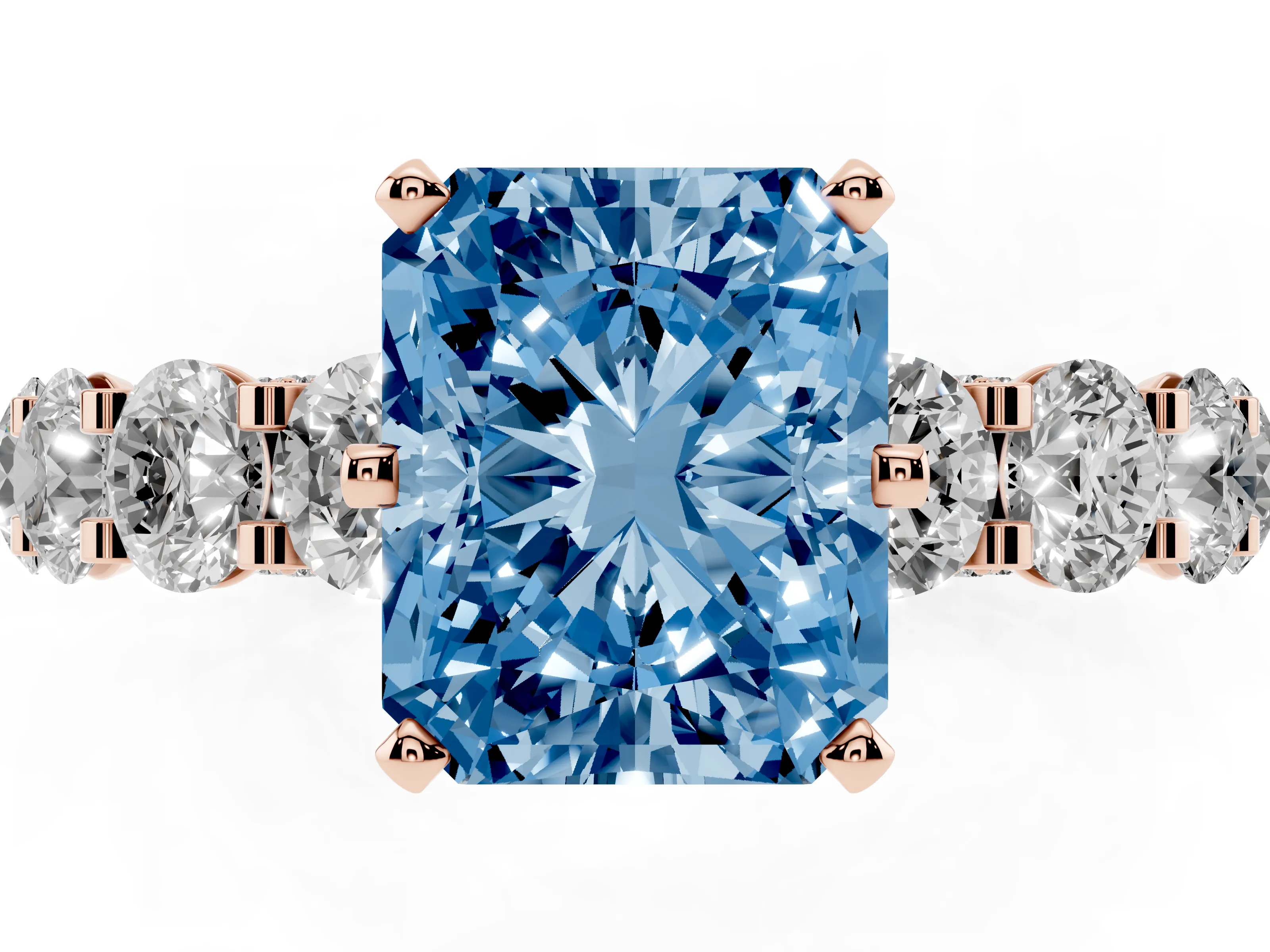 Fancy Blue Radiant Cut Diamond Side Stone Ring Set in Rose gold with Alternating Round and Oval Side Stones